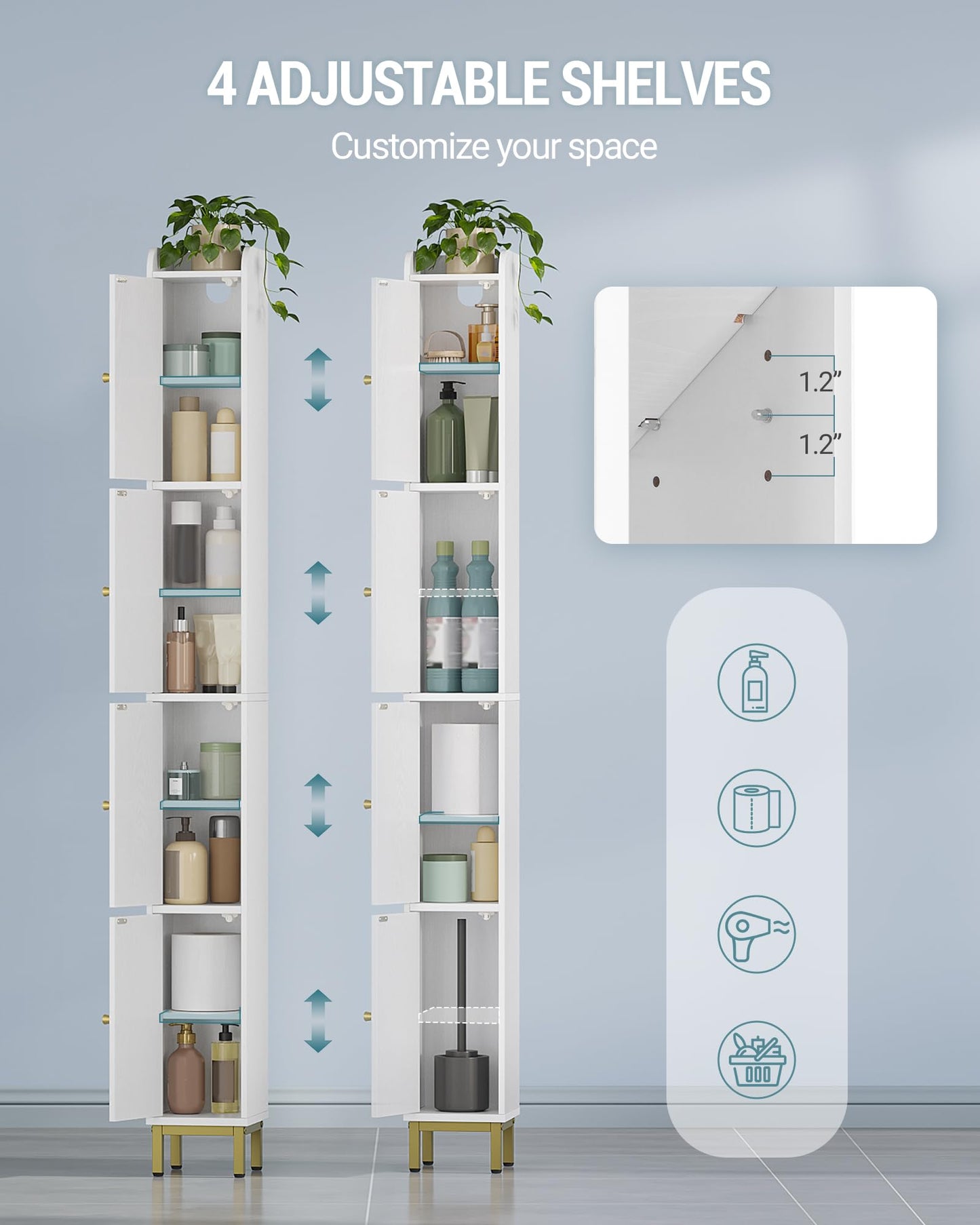 Hzuaneri 4-Tier Narrow Tall Storage Cabinet, Slim Bathroom Storage Cabinet with 4 Adjustable Feet and Shelves, Bathroom Organization for Small Space, Kitchen, Living Room, Laundry Room White BC42213G