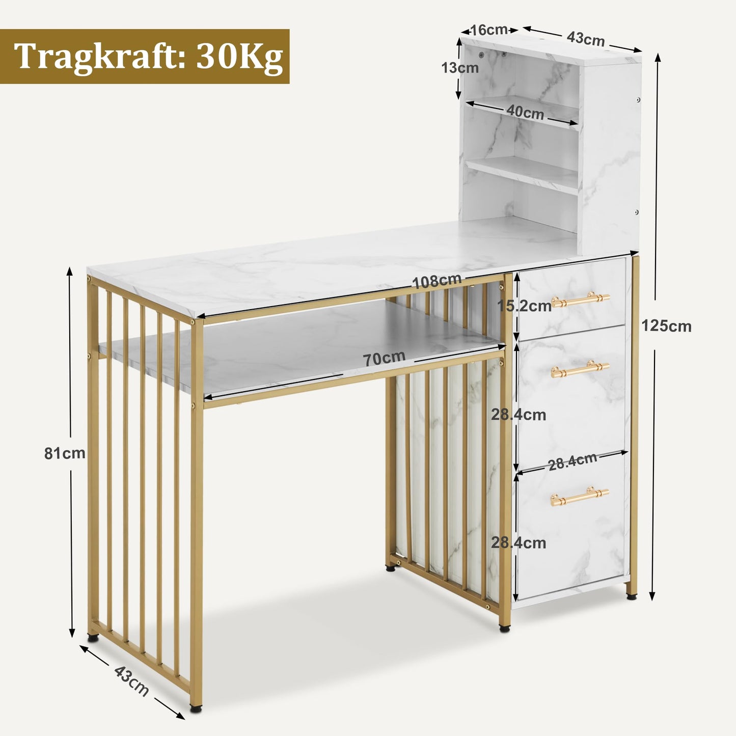 M MCombo Desk with 3 Drawers, Nail Table Made of Wood, Metal Frame, Manicure Table, Marble White Gold, Dressing Table without Mirror, Modern, Computer Desk with Shelf Living Room, 43 x 108 x 125 cm,