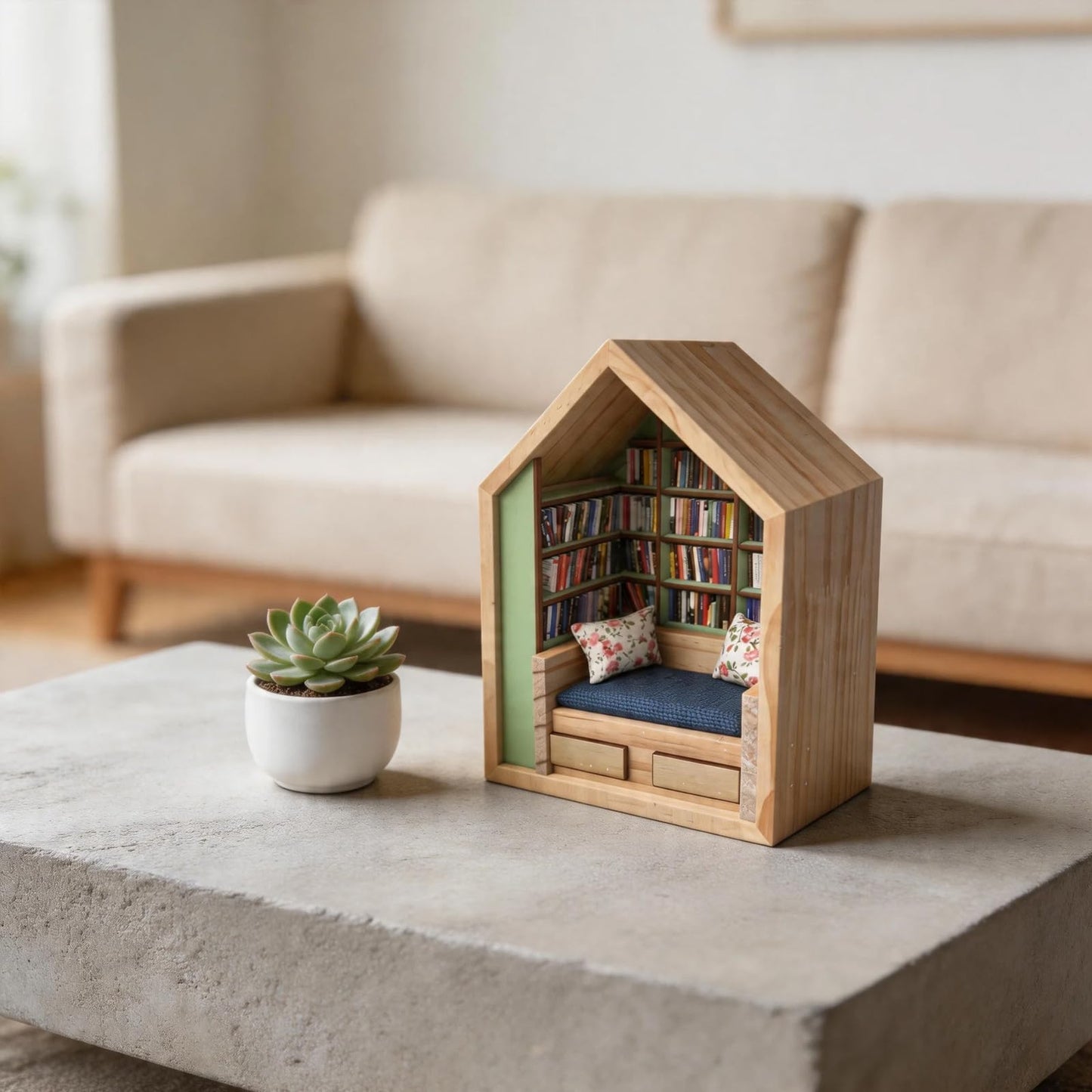 NaiSooten Anxiety Bookshelf with 300 Mini Books, Mini Wooden Bookshelf with Reading Nook, Desk Decor Anxiety Relief Bookshelf for Book Lovers(Green)