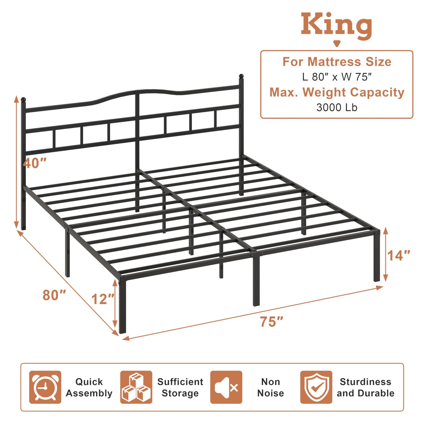 OSASET 14 inch King Bed Frame -Platform Bed Frame with Headbroad Metal Bed Frame No Box Spring Noise Free Easy Assembly