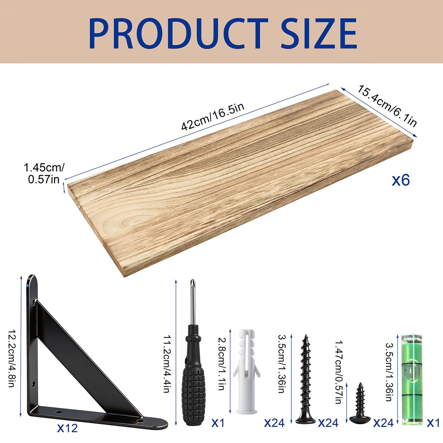 lonllidin Wall Mounted Floating Shelves Set of 6,Wood Floating Wall Shelf,Rustic Wood Storage Display Wall Shelves for Wall Home Decor,Bedroom,Bathroom,Living Room,Kitchens,Offices,Rustic Brown