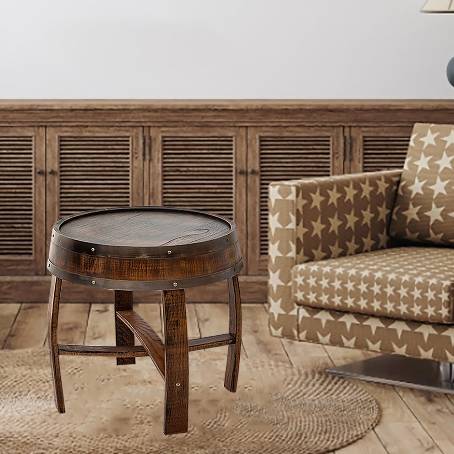 peilouw Farmhouse Whiskey Barrel End Table,Round Wood Barrel Side Table,Rusitc Wine Barrel Bourbon Barrel Coffee Table Handcrafted Oak Barrel Decor Furniture
