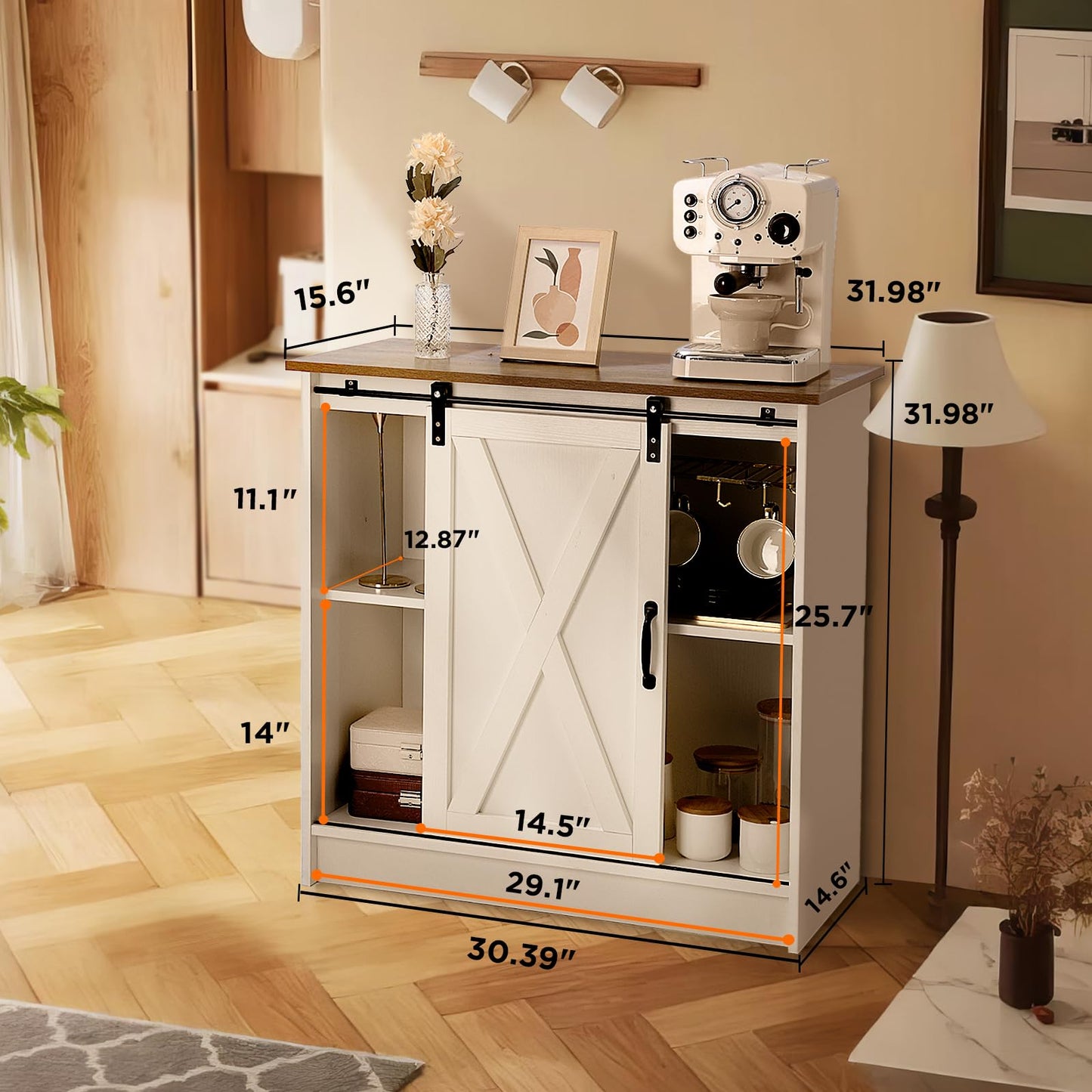 COSYSUPER White Coffee Bar Cabinet with Storage, Farmhouse Coffee Bar Cabinet, Coffee Bar Table with Sliding Barn Door, Coffee Bar & Adjustable Shelves, for Kitchen, Dining Room, Living Room