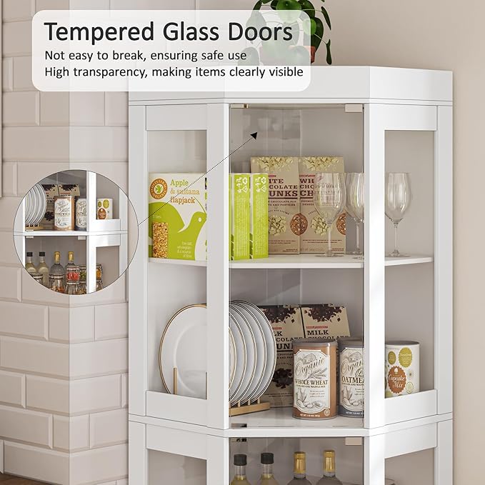 70''H Tall Corner Cabinet with Glass Doors, Farmhouse Storage Cabinet with 4