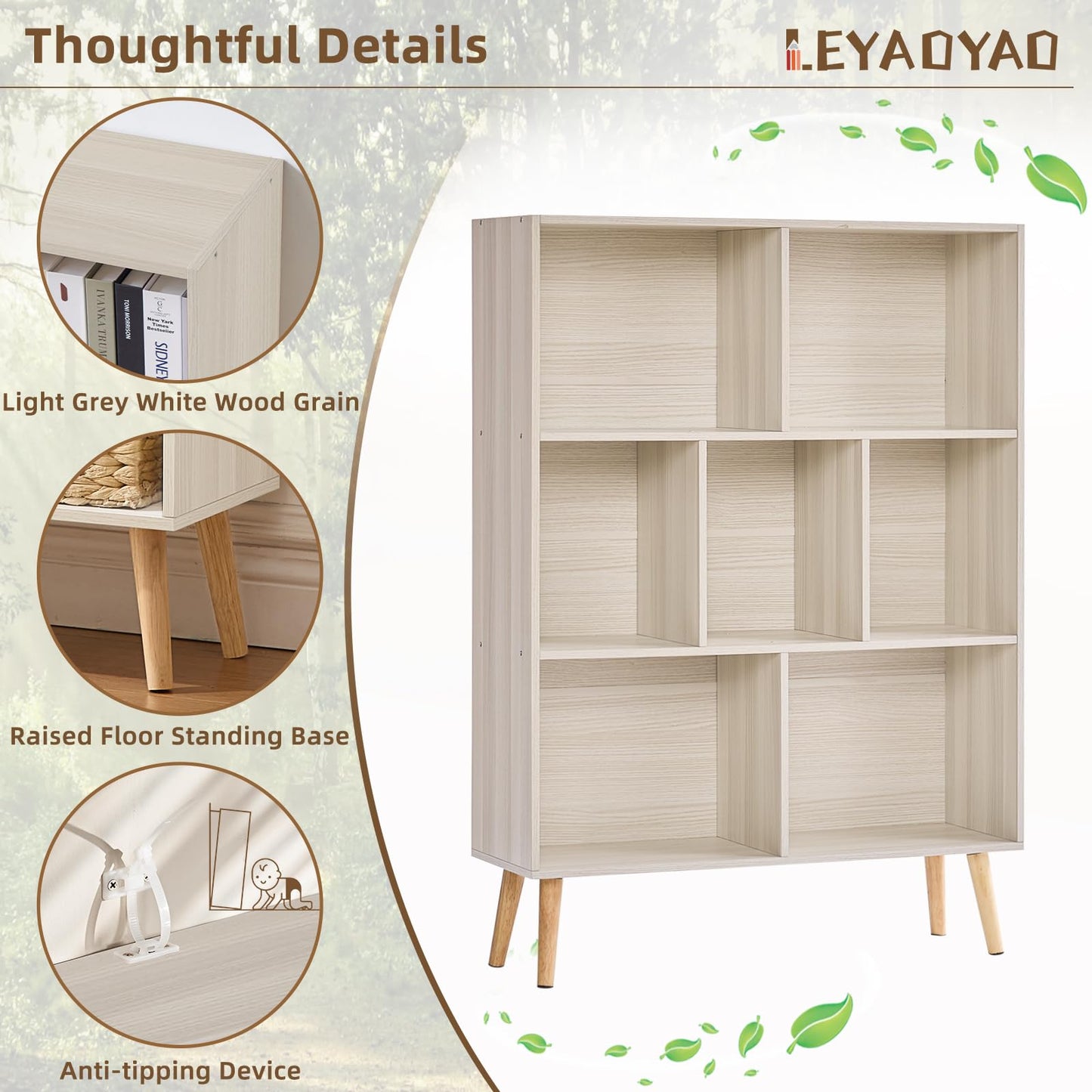 LEYAOYAO Cube Bookshelf 3 Tier Mid-Century Light Grey White Modern Bookcase with Legs,Retro Wood Bookshelves Storage Organizer Shelf,Freestanding Open Book Shelves for Bedroom,Living Room,Office