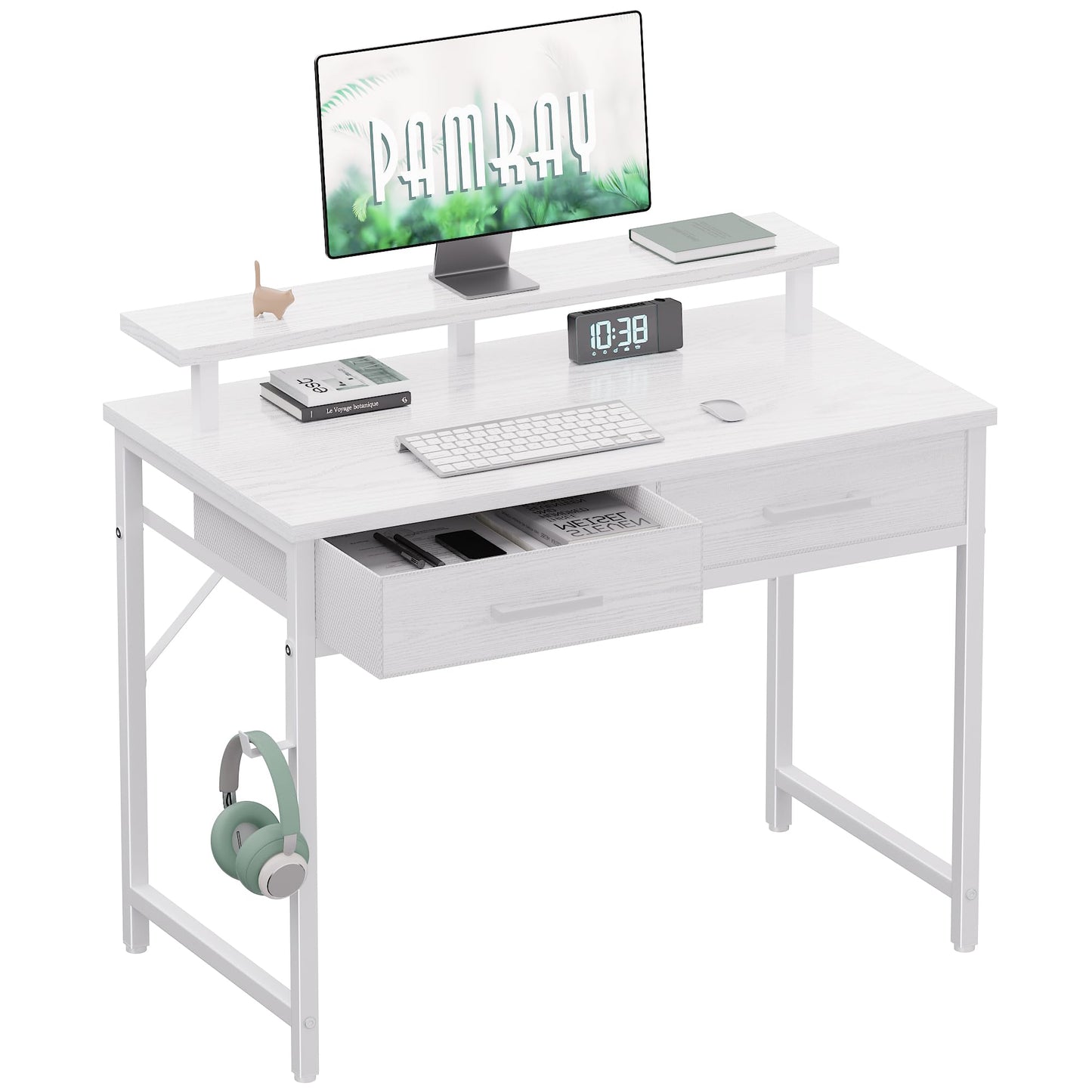 Pamray 32 Inch Small Computer Desk with Monitor Stand Home Office Desks with 2 Drawers for Bedroom Study Writing and Work Table for Small Spaces White