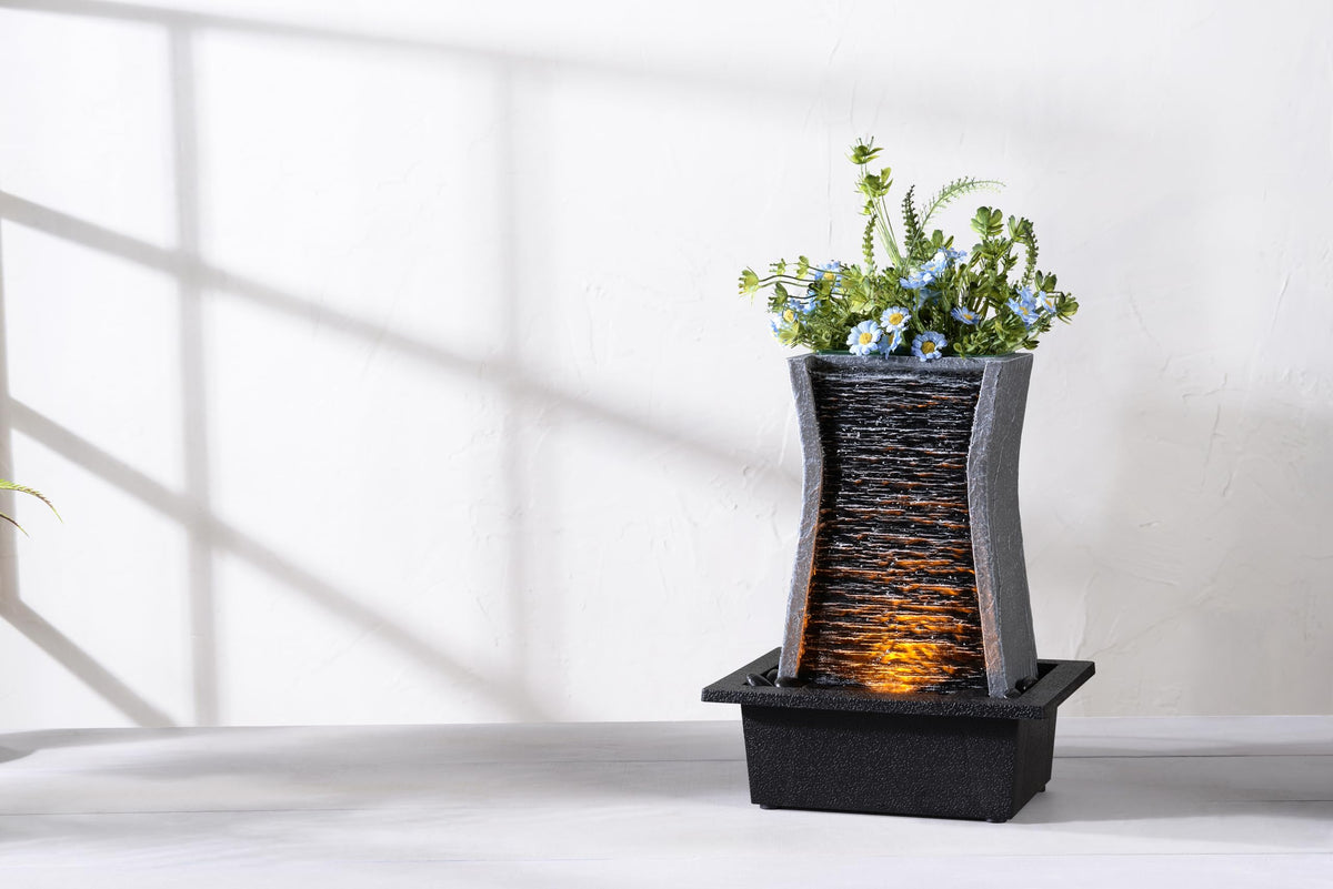 GOSSI Tabletop Water Fountain with LED Lights, Indoor Waterfall Fountain for Home Office Bedroom Decor, Includes Plastic Pots for Plant Growing, Relaxation Desk Accessory (24285)
