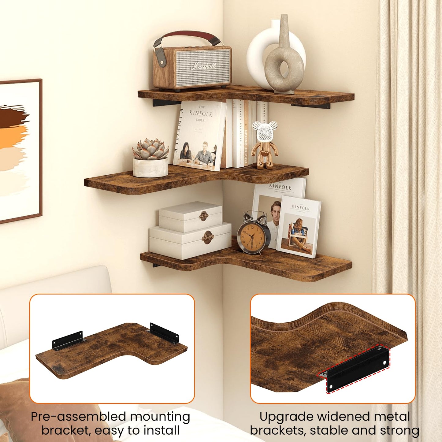 Homode Corner Floating Shelves, Corner Shelves Wall Mounted with Cord Hole, Set of 3 L Shape Wood Wall Storage Shelves for Living Room Bedroom Bathroom Kitchen, Rustic Brown
