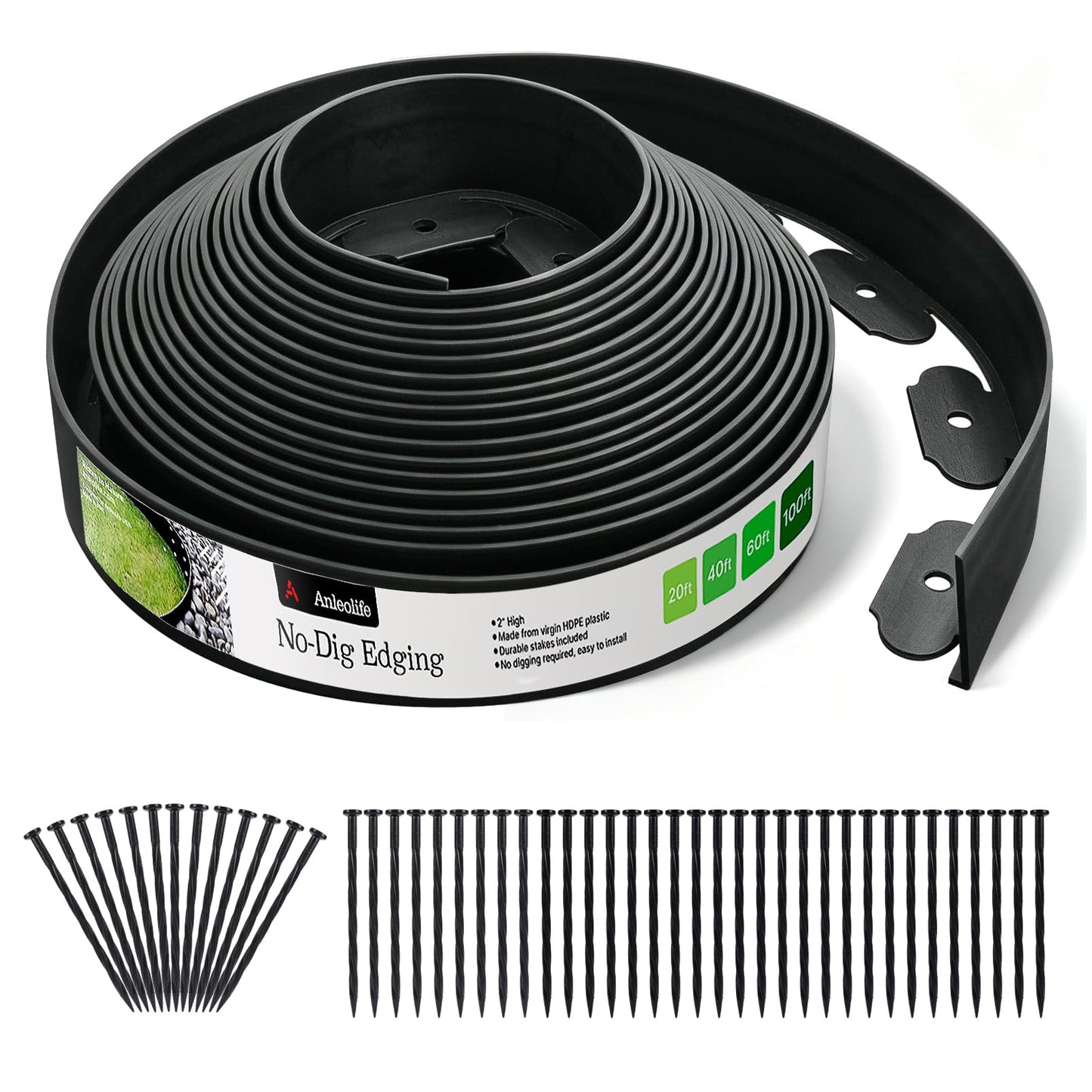 A ANLEOLIFE 20FT Plastic Landscape Edging, 2" Tall No-Dig Black Garden Border with 24 Spikes, Heavy-Duty Flexible Lawn Coil, Grass Barrier & Easy Install