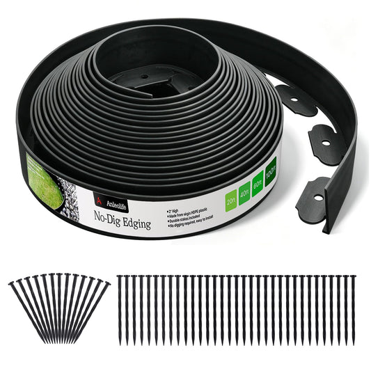 A ANLEOLIFE 20FT Plastic Landscape Edging, 2" Tall No-Dig Black Garden Border with 24 Spikes, Heavy-Duty Flexible Lawn Coil, Grass Barrier & Easy Install