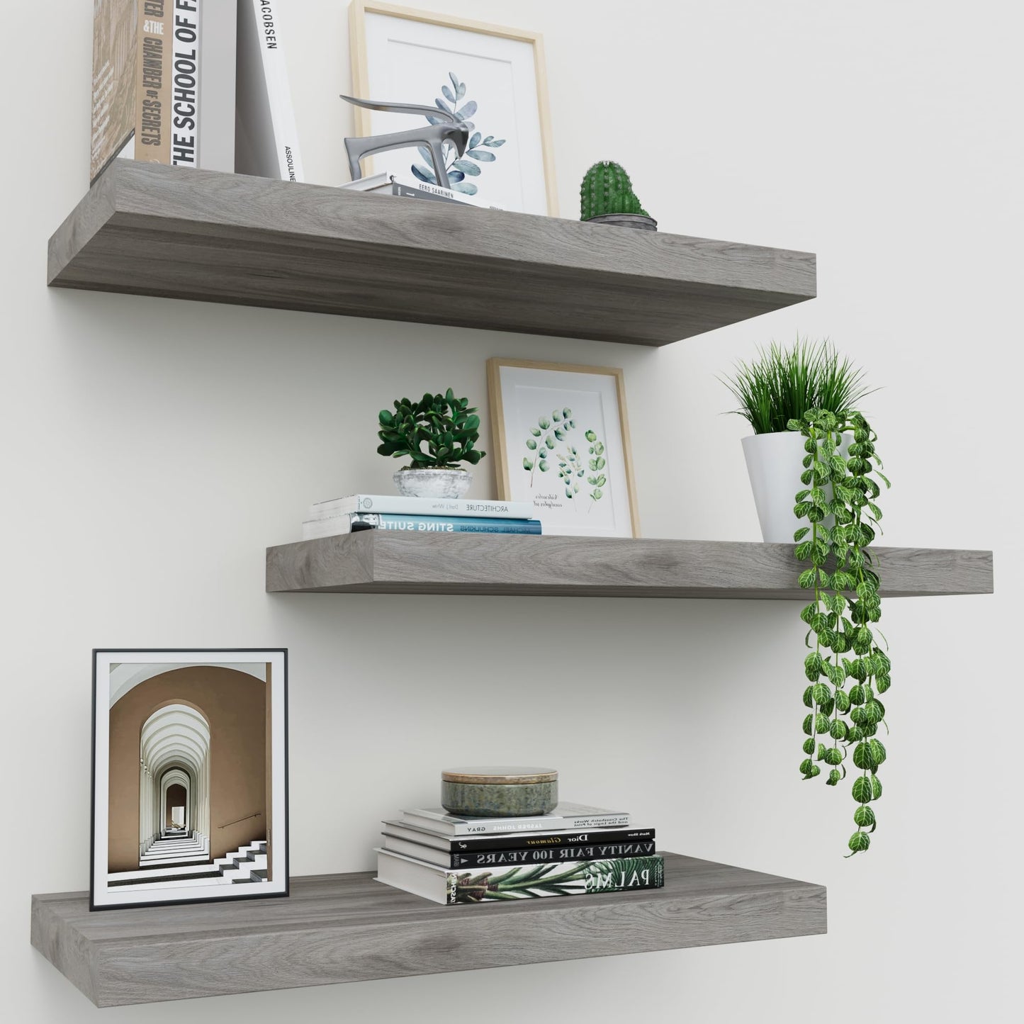 Upassion Floating Shelves for Wall Set of 3, 16" Gray Wall Shelves for Home Decor, Frame Display Floating Shelf for Living Room, Bedroom, Bathroom, Kitchen