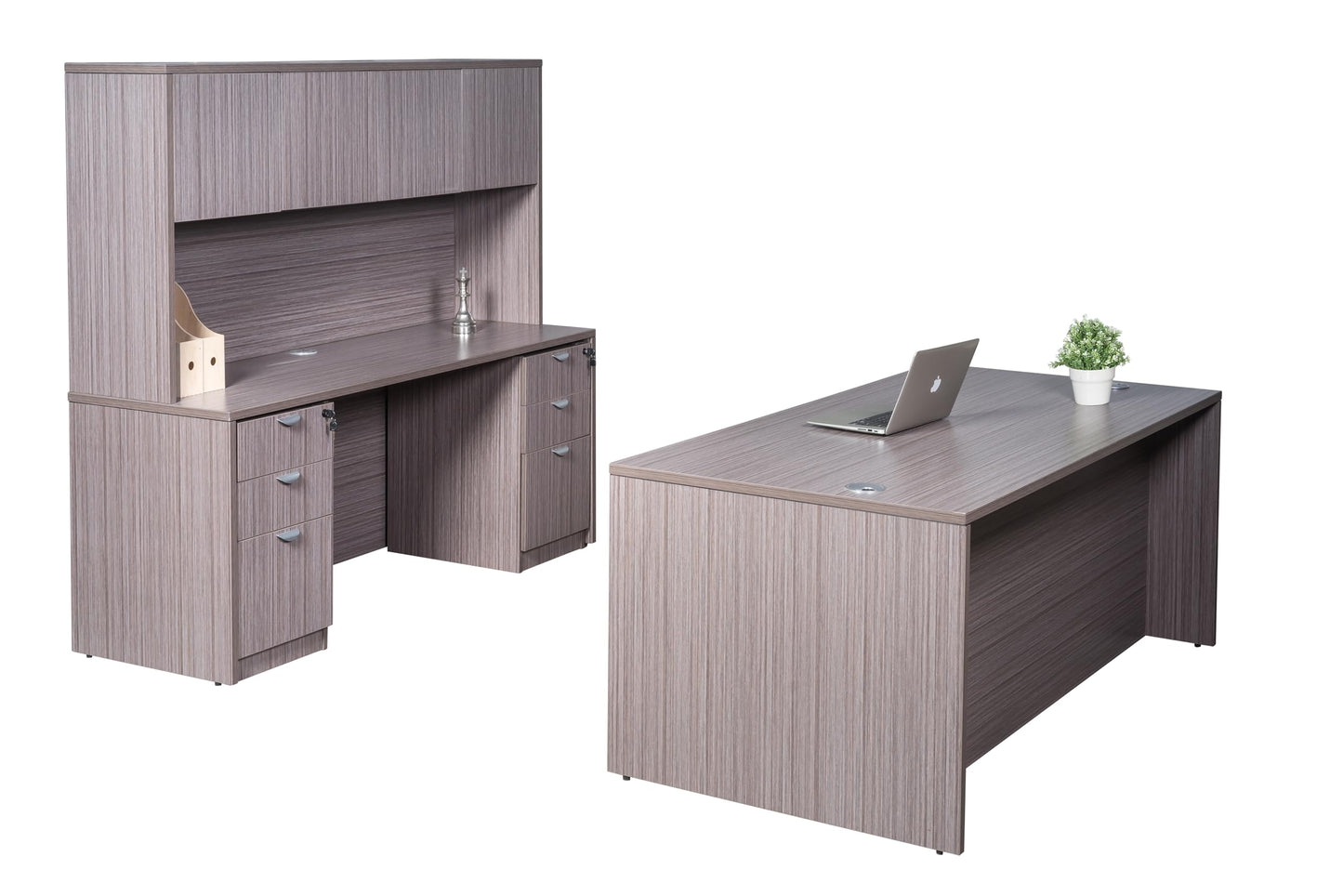Boss Office Products 71 Inch Executive Office Suite with 2 File Storage Pedestals, Credenza and 4 Door Hutch, Driftwood