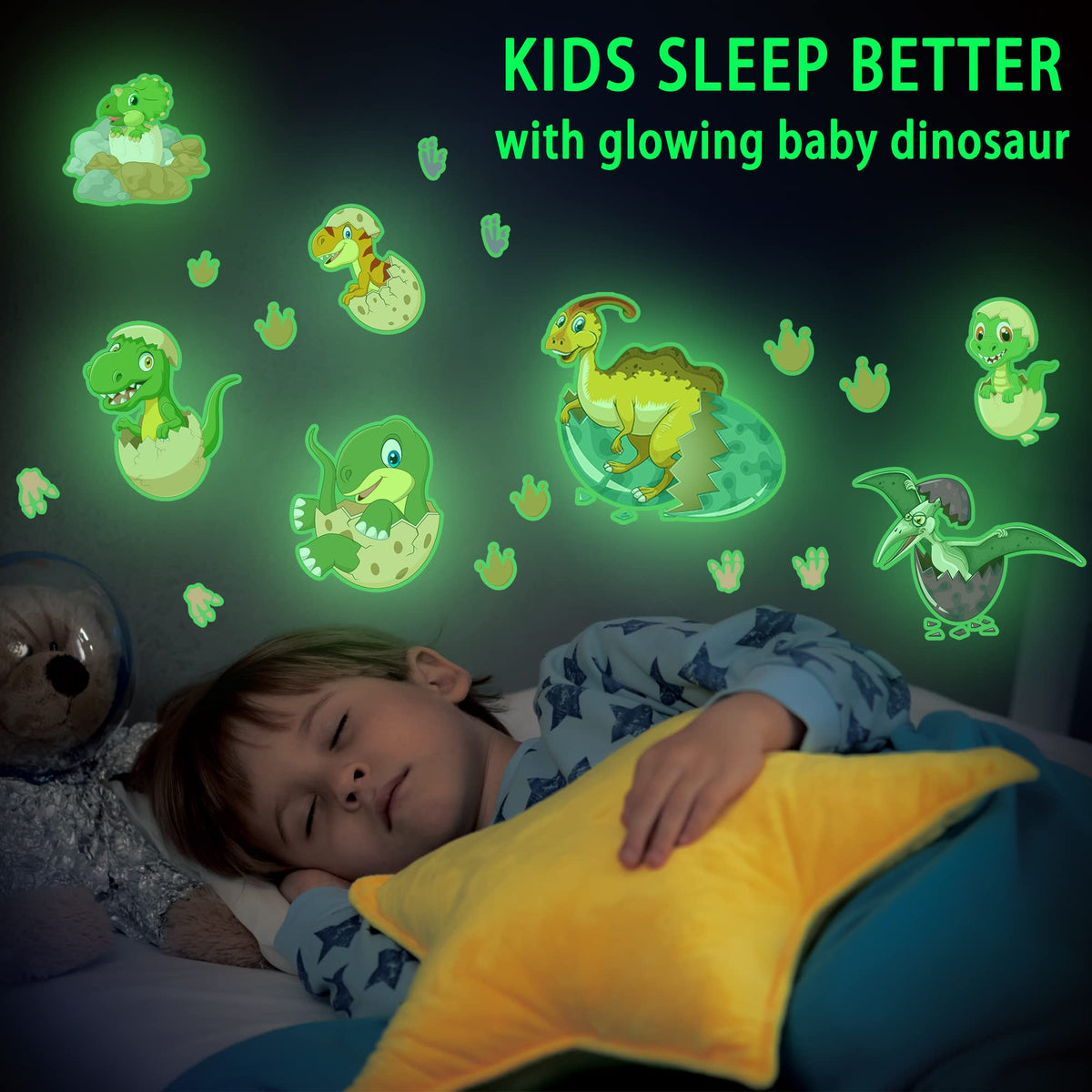 Glow in The Dark Dinosaur Wall Decals for Kids Room, Removable Footprints Baby Nino Vinyl Stickers, Nursery Decoration Classroom Gift for Boy Toddlers