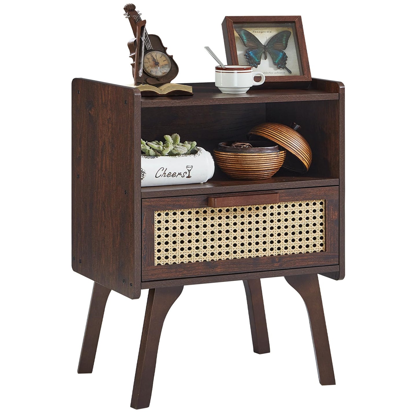 Lerliuo Rattan Nightstand, Bedside Table with Drawer Open Shelf, Cane Accent Side End Table with Solid Wood Legs, Walnut Vintage Night Stand for Bedroom, Dorm and Small Spaces