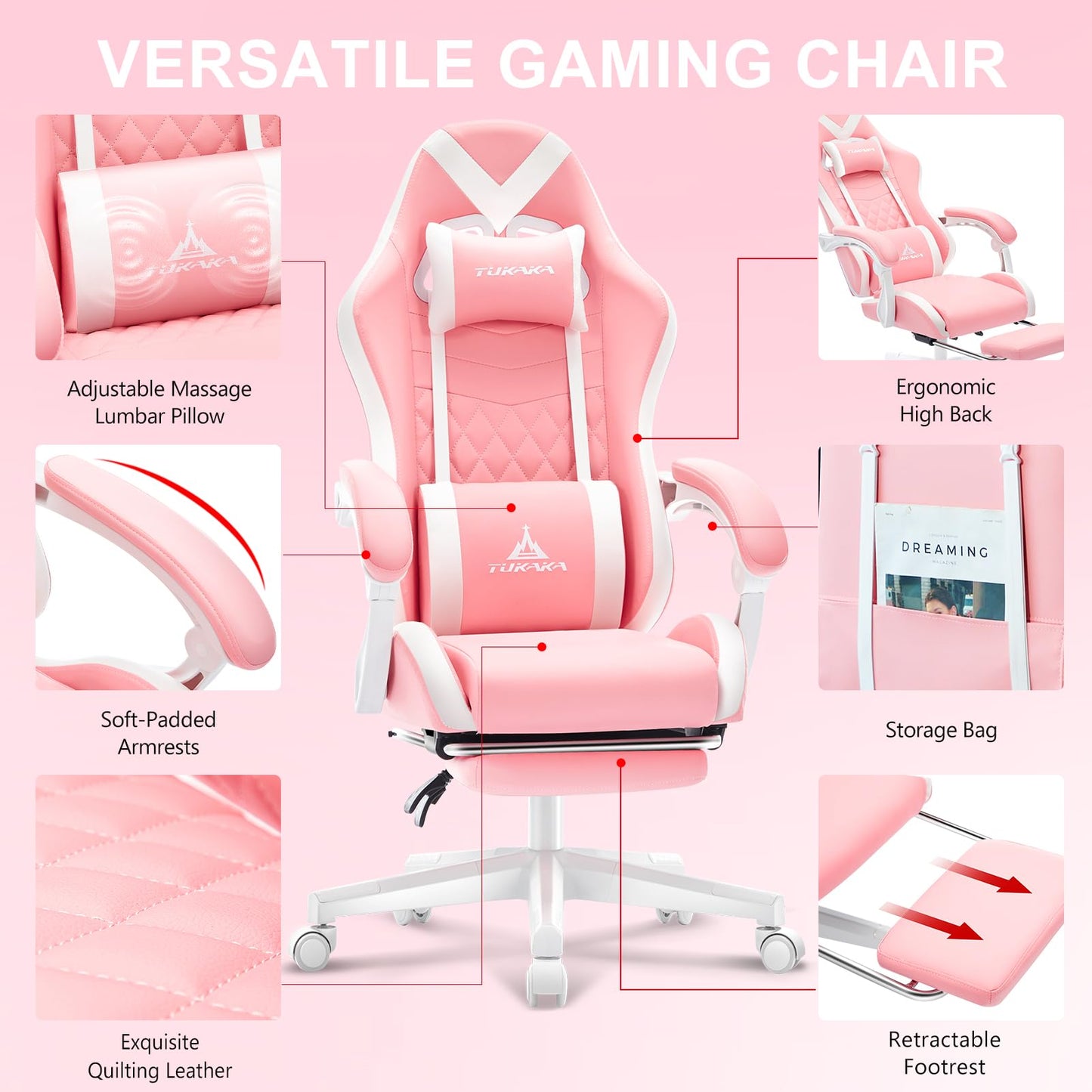 TUKAKA Pink Gaming Chair,Ergonomic Massage Computer Office Desk Chai r with Footrest,Pocket Spring Cushion,Reclining Leather Adjustable Gamer Chair with Headrest and Lumbar Support,Pink