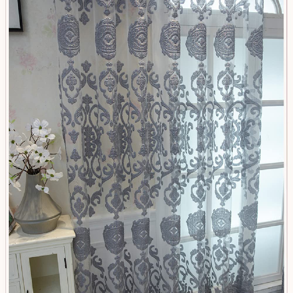 Amidoudou 1 Pair Luxury European Sheer Curtains Hollow Embroidered Tulle Curtains for Bedroom Living Room (Gray,54x96 Inch)