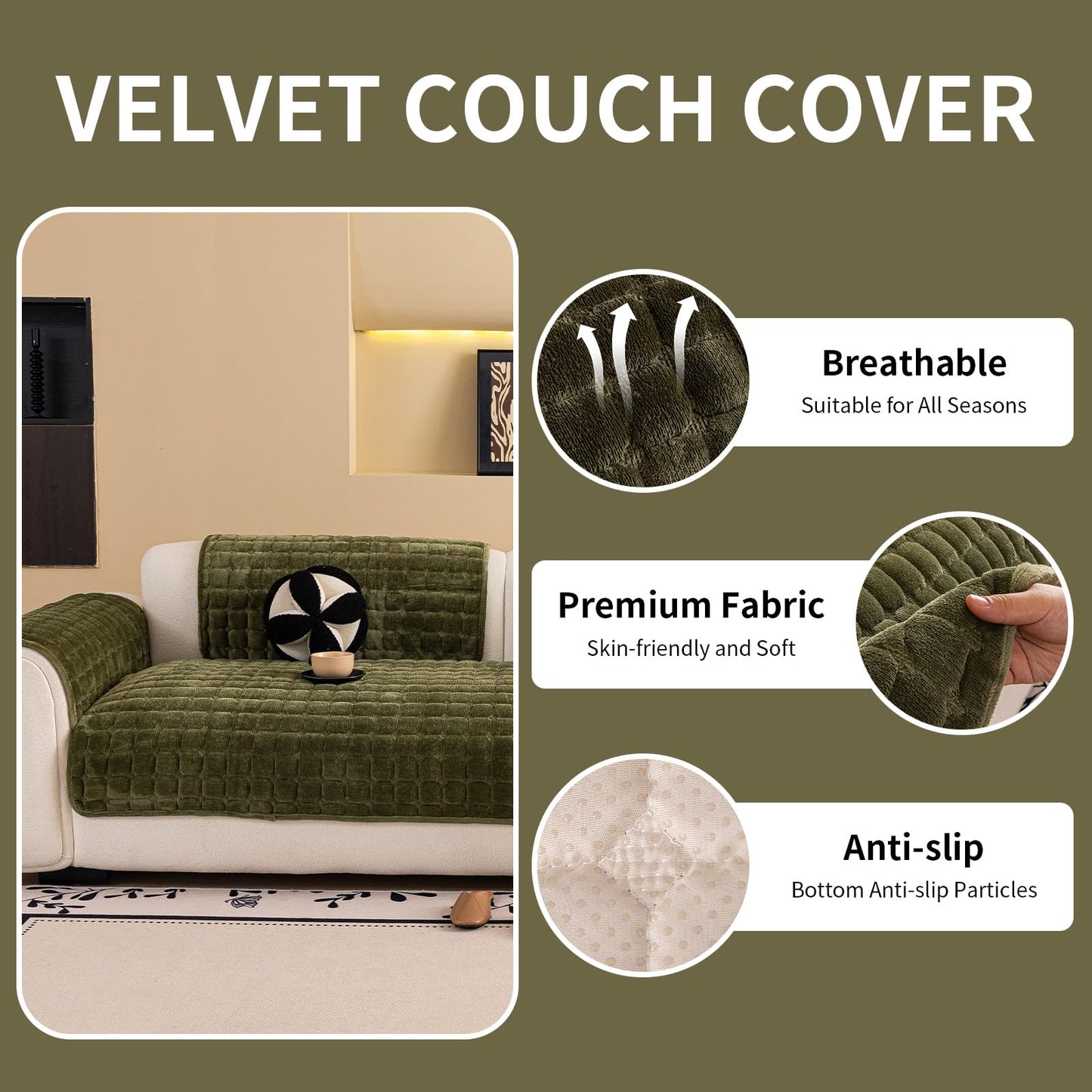MDSASFD Velvet Couch Cover, Washable Sectional Sofa Cover, Anti Slip Sofa Slipcover for 3 Cushion Couch Sofa L Shaped Armrest Backrest, Furniture Protector Covers for Pets Kids(1PC,Green,36"×94")