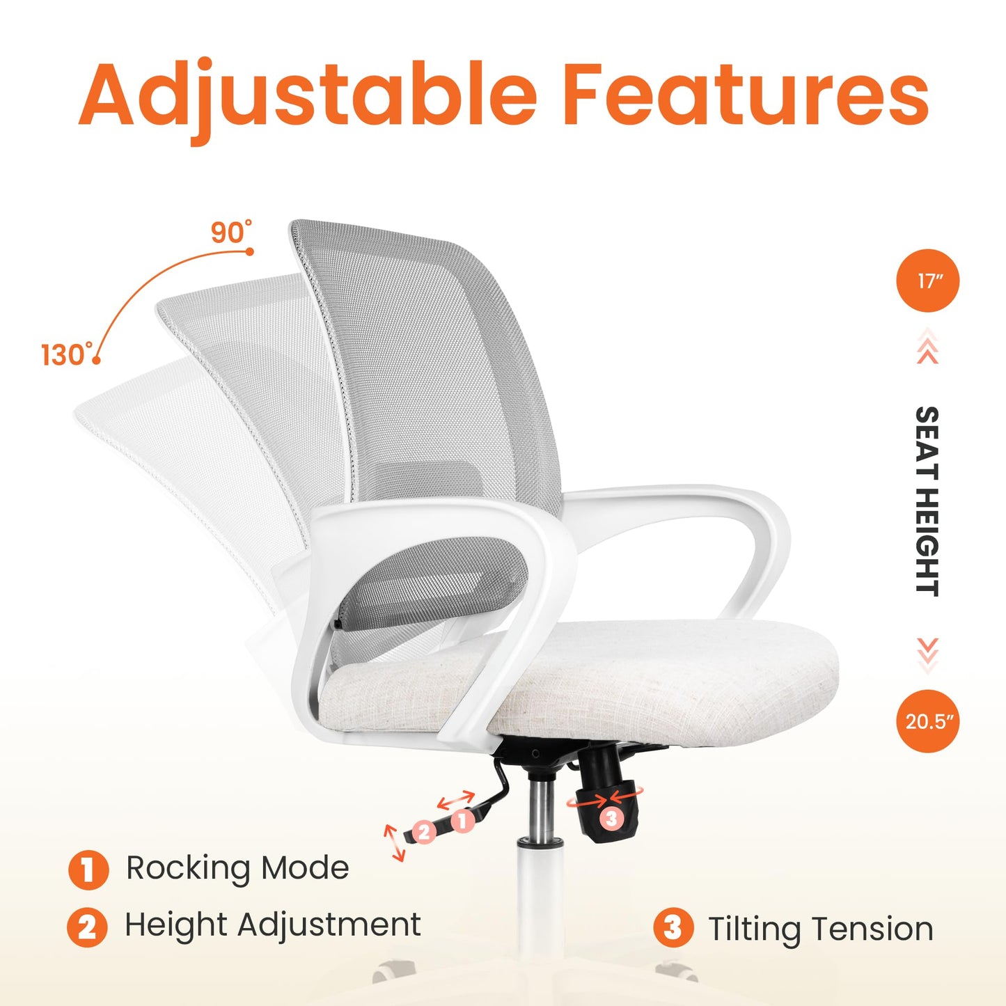 NEO Chair Office Desk Computer Ergonomic Chair Comfy Mid Back Mesh Seat with Lumbar Support Adjustable Height Swivel Rolling Wheels for Home Task Vanity Study Bedroom (Ivory-White Frame)