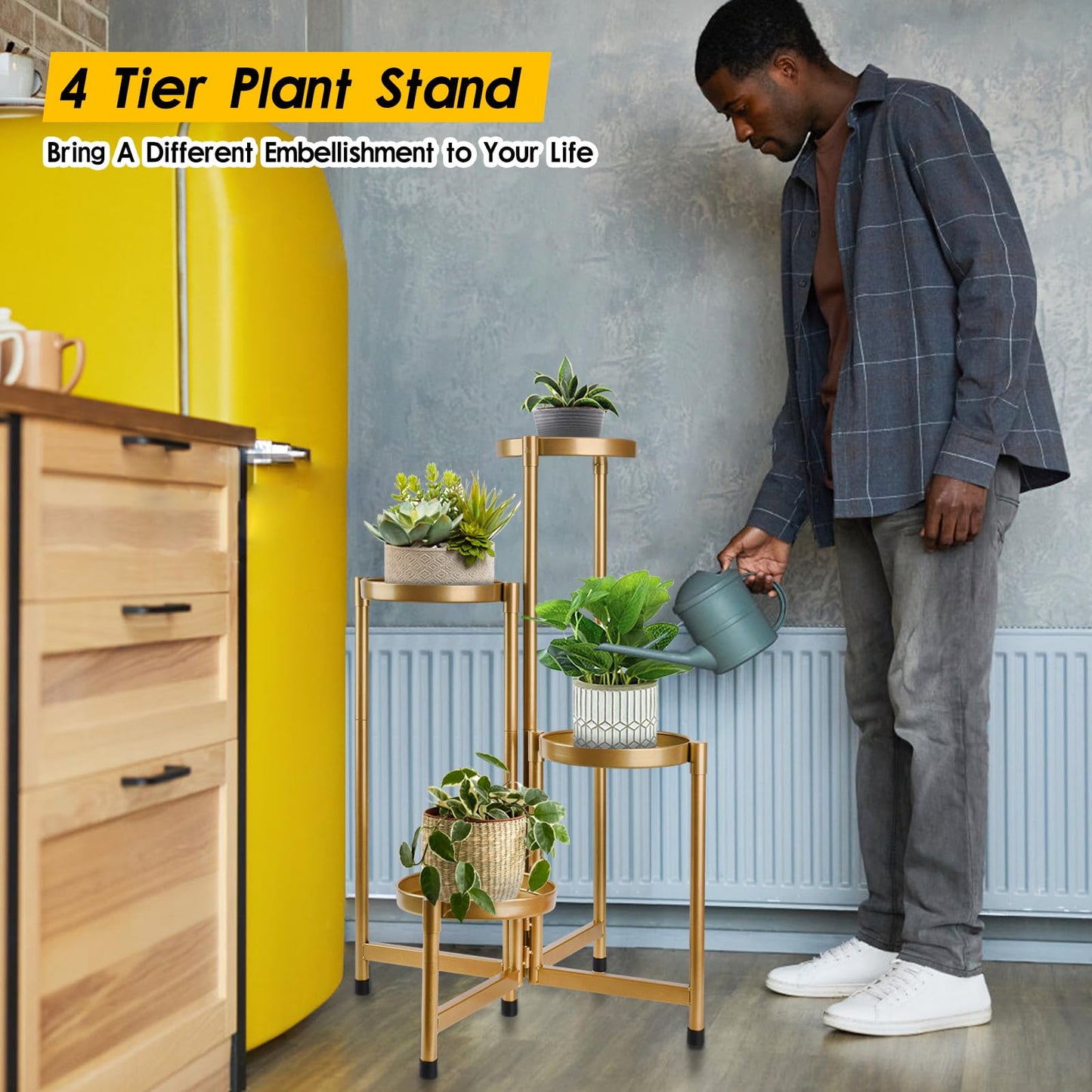 HOEGMST 4 Tier Plant Stand Indoor Outdoor, 31 Inch Tall Metal Plant Shelf Waterproof, Plant Holder with Folding Design For Home, Living Room, New Upgrate Gold