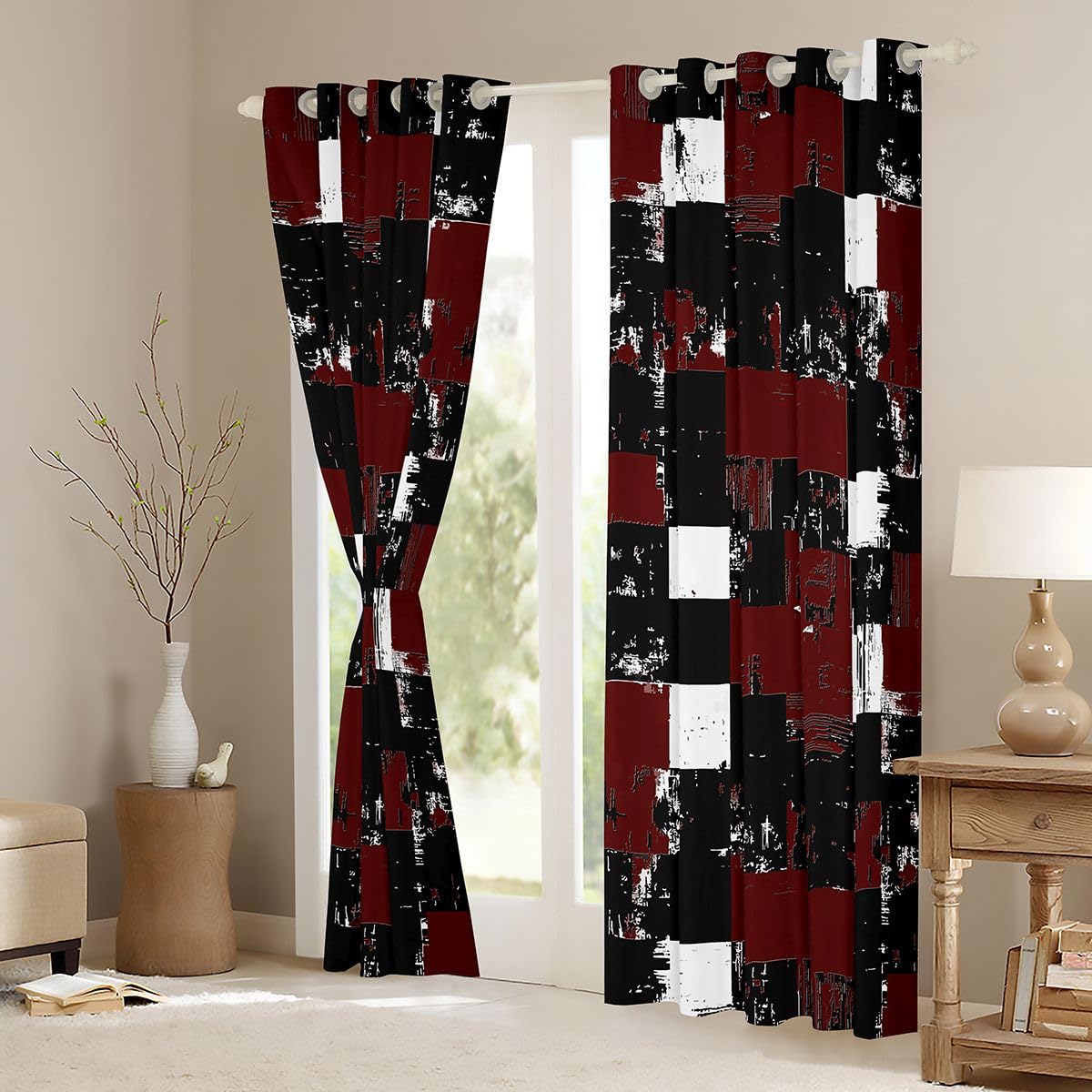 Feelyou Abstract Curtains for Bedroom Living Room Dark Red Black White Blackout Shades Buffalo Check Plaid Room Darkening Curtain Geometric Grid Window Treatments, 2 Panels 38 x 45 Inch Decor