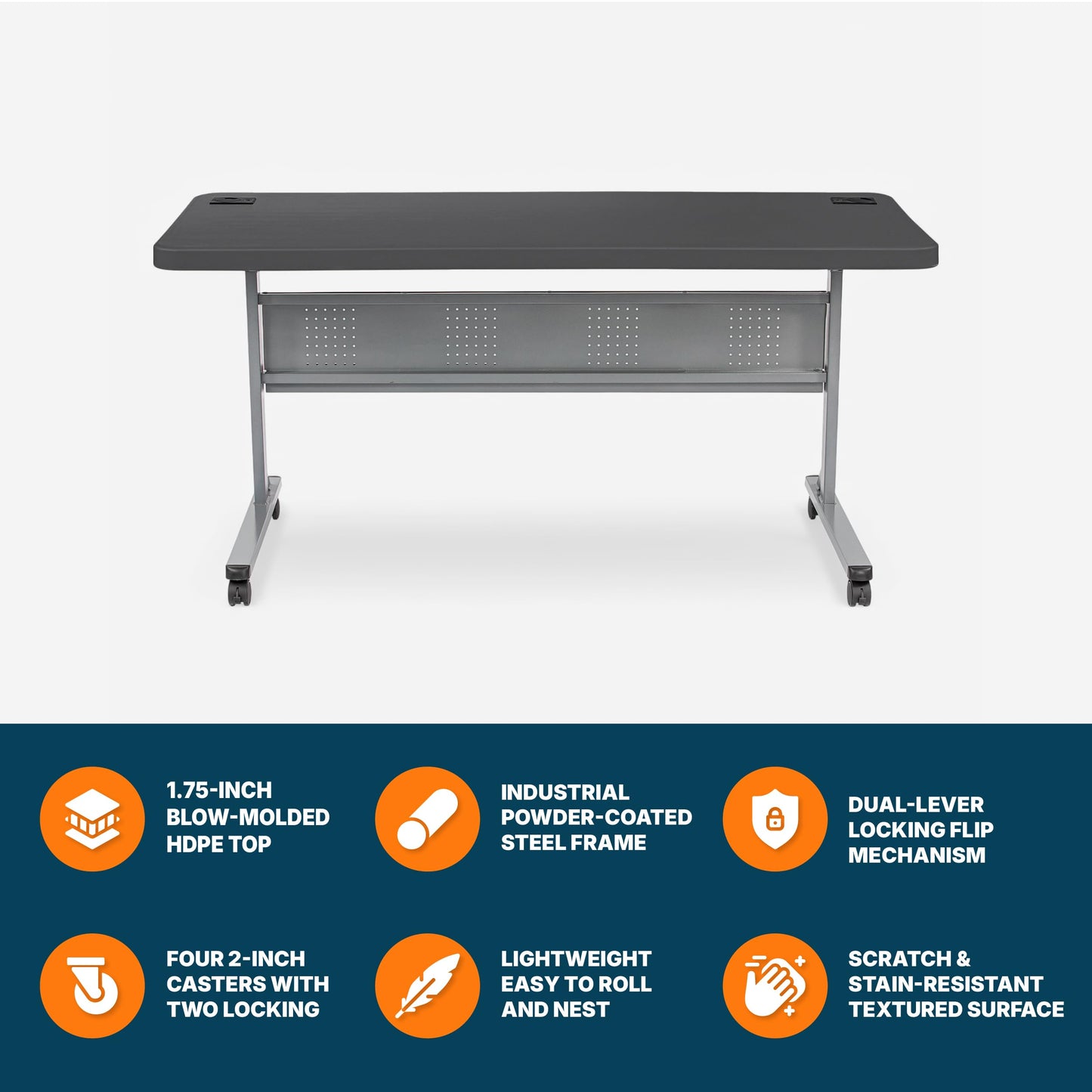 OEF Furnishings OEFBPFT2460-20 Commercial-Grade Premium Industrial Nesting Flip-Top Blow-Molded Training Table with Steel Frame and a 1.75" Thick Surface (24" × 60", Charcoal Slate Top)