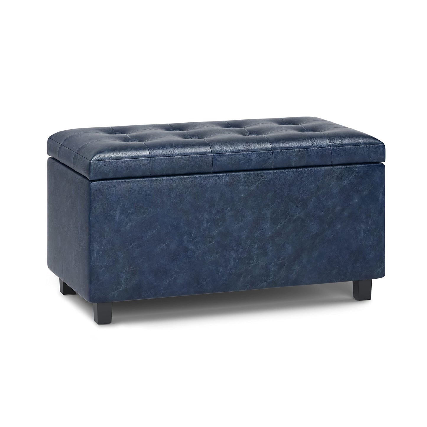 SIMPLIHOME Cosmopolitan Storage Ottoman - 34 inch Wide Upholstered Vegan Leather Rectangle Storage Ottoman Bench in Denim Blue, Transitional Tufted Ottoman for Living Room or Entryway with Lift-Up Lid