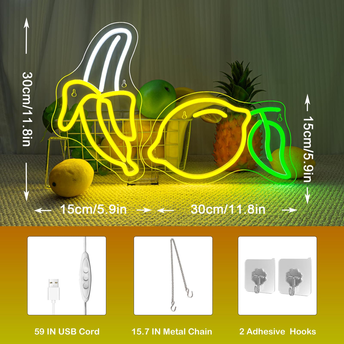 Banana and Lemon Neon Sign Set of 2 （1 Banana Light+1 Lemon Light）Fruit Neon Lights for Wall Decor, Kids Room, USB Powered Acrylic Neon Art for Bedroom Classroom