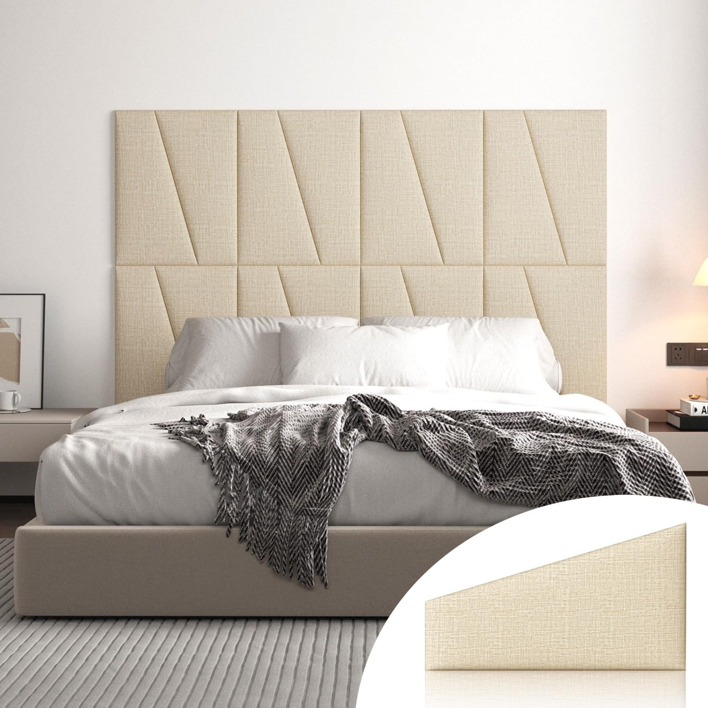 peaudny Peel and Stick Headboard for King Bed Linen Fabric Upholstered Wall Mounted Headboard - Wall Padding Panel in Beige for Bedroom/Living Room/Dorm (8 Panels)