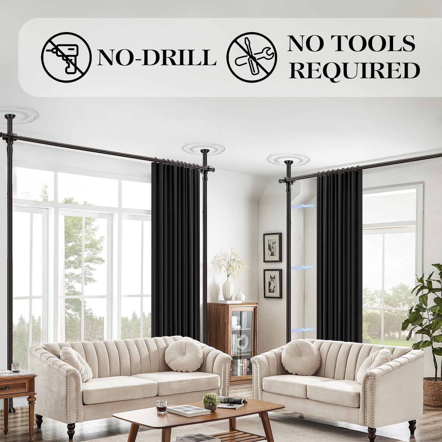 GONNRLY Room Divider Curtain Set-No Drilling Curtain Rod Set, Room Divider Wall for Partition Room Dividers, Bedroom Divider Black-100 W x 84" L(Pack of 1)