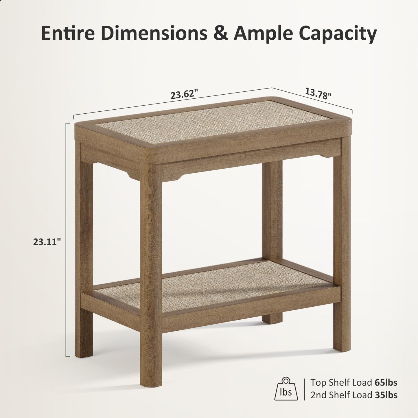 Eclatara Night Stand Set of 2, Farmhouse End Table with 2 Tier Boho Rattan Shelves, Side Tables with Round Edge Design, Ultra-Thick Legs Bedside Nightstand for Bedroom, Caramel Oak