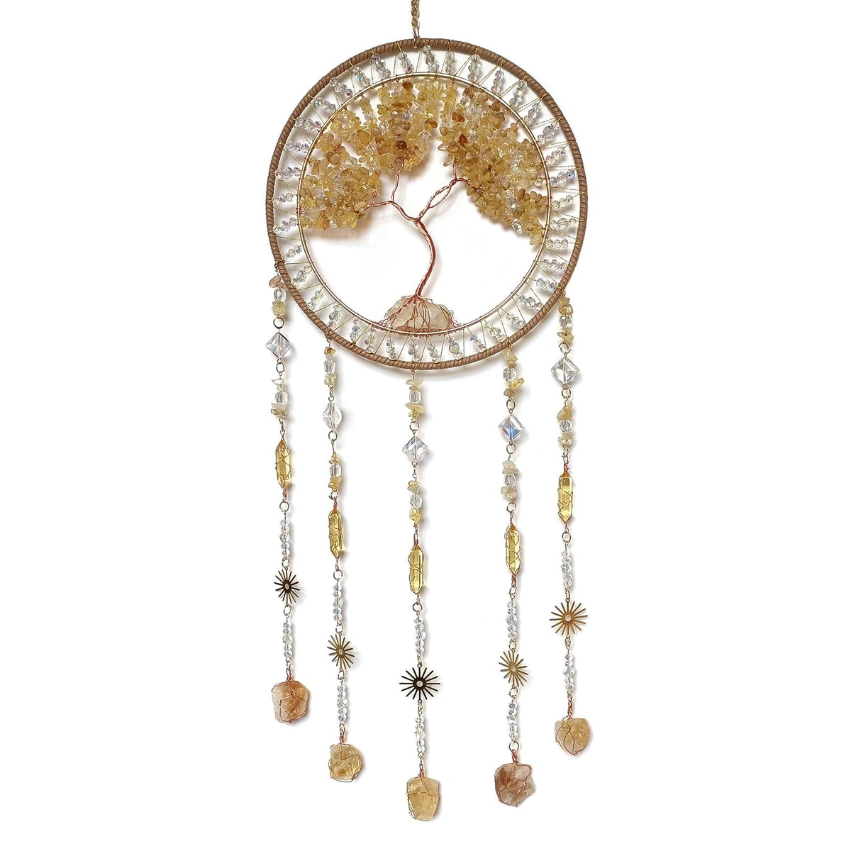 RAGKUU Crystal Tree of Life Dream Catchers with Stone Pendant Yellow Dream Catcher Wall Decor Handmade Dreamcatcher Wall Hanging Ornament for Bedroom Living Room Home Decor