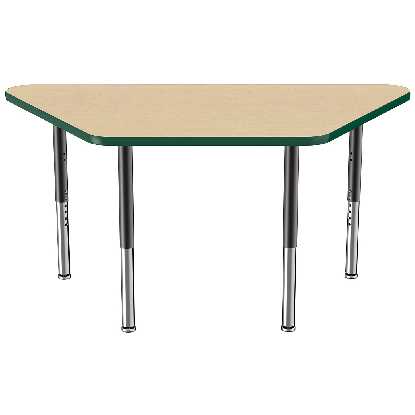 FDP Mobile Trapezoid Activity School and Office Table (30 x 60 inch), Super Legs with Glides and Casters for Collaborative Environments, Adjustable Height 19-30 inches - Maple Top and Green Edge