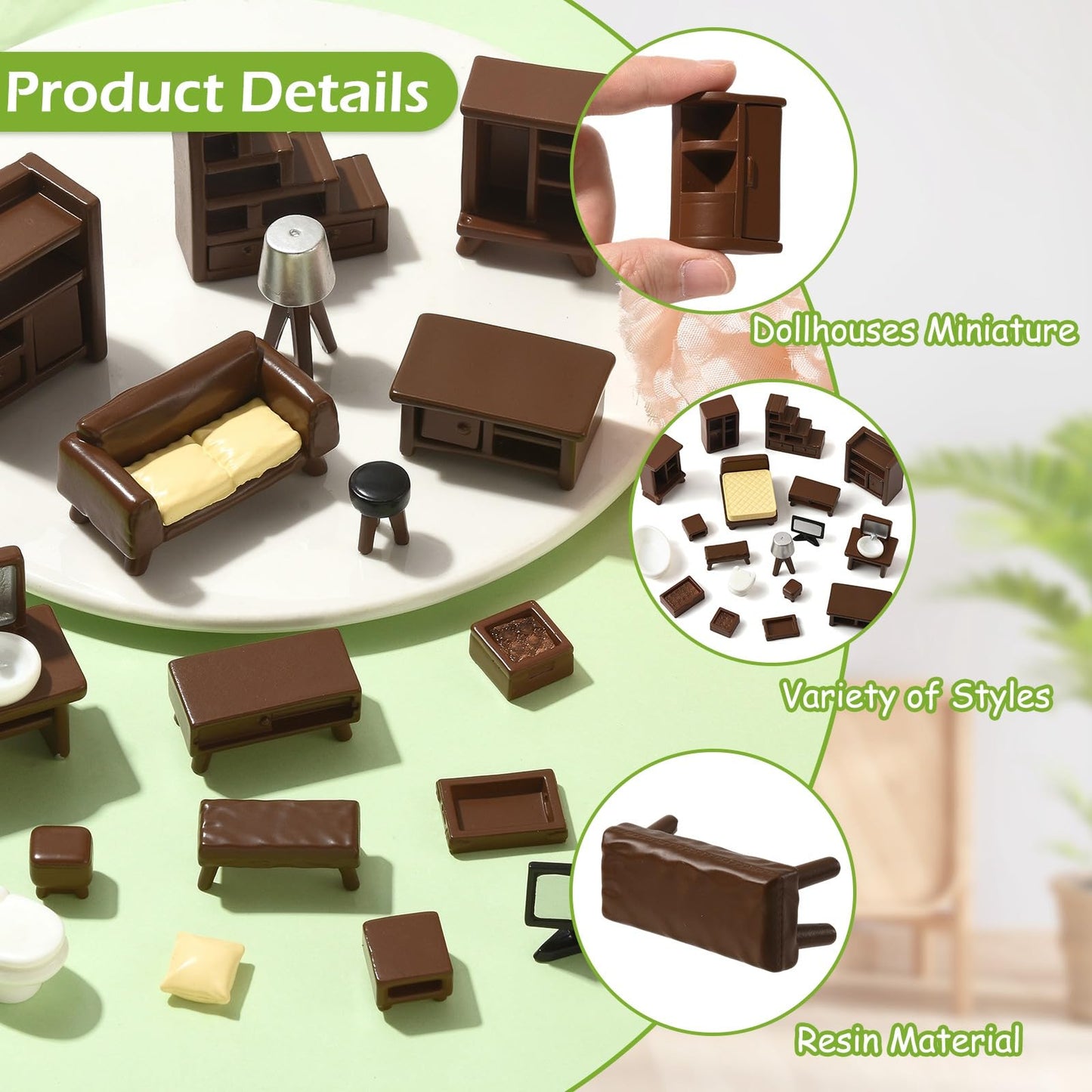 LiQunSweet 22 Pcs Resin Furniture Miniatures Micro 3D Mini Dollhouse Table Chairs Bed Bookshelf Bathroom Living Room Set for Fairy Garden DIY Scene Accessories