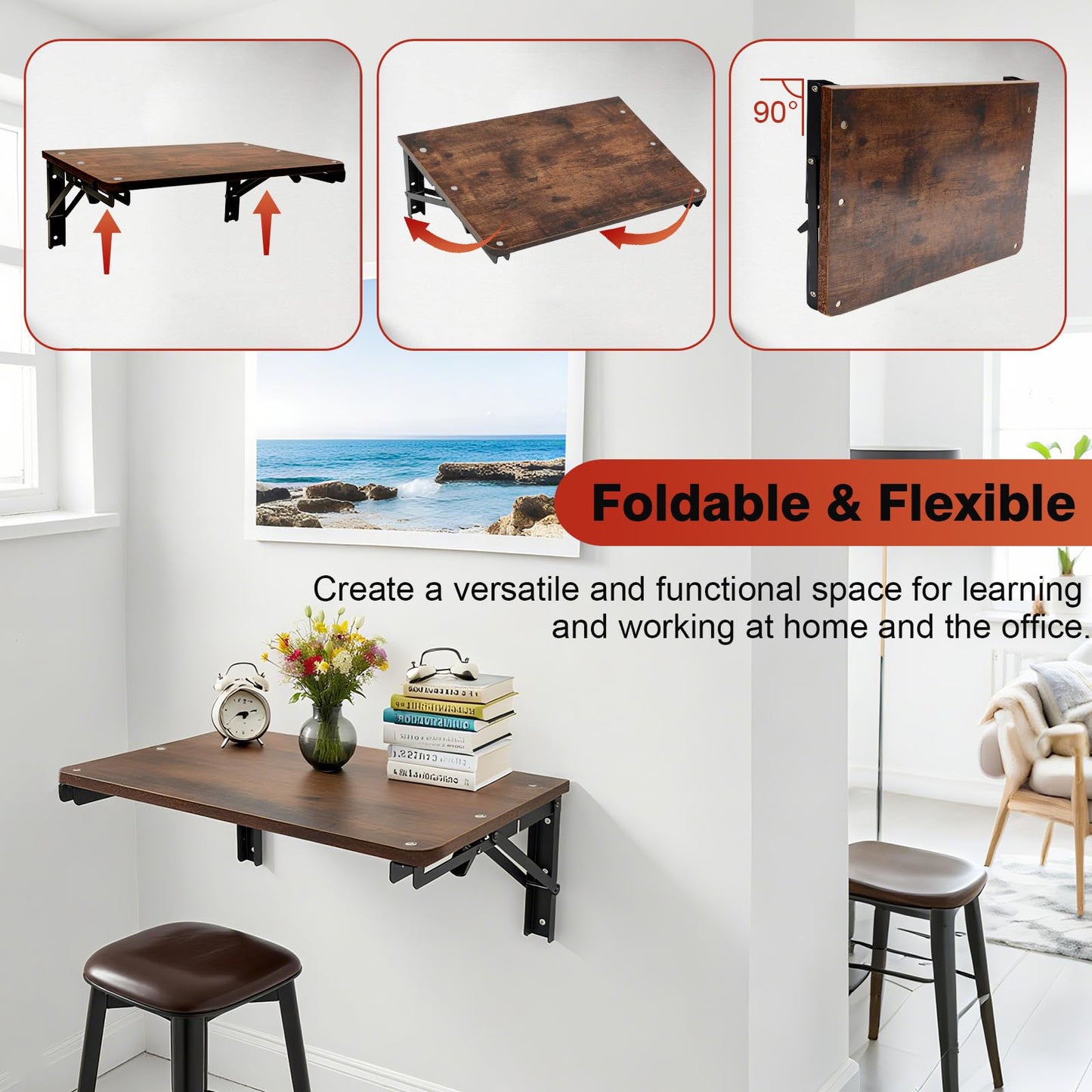 Wooden Folding Shelf Wall Mounted for Small Space, Wall Table for Living Room Bedroom Decor, Home Office Floating Fold Down Desk, Media Shelves with Heavy-Duty Brackets Holds Up to 30lbs, 16.5"*11.8"