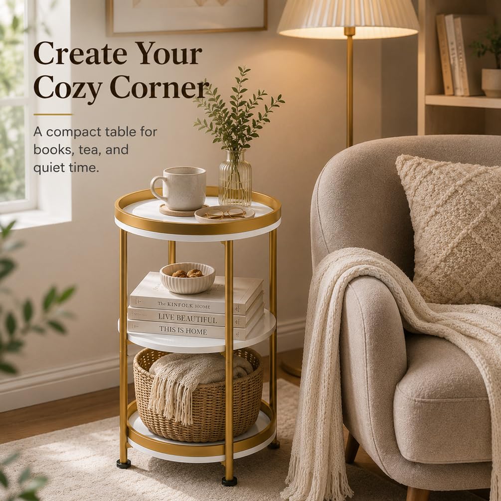 Dulcii Round Side Table with Storage Tray for Living Room, 15" L x 15" W x 24" H Bedroom Nightstand 3 Tiers Bedside Table with Steel Frame for Small Spaces (White & Gold)