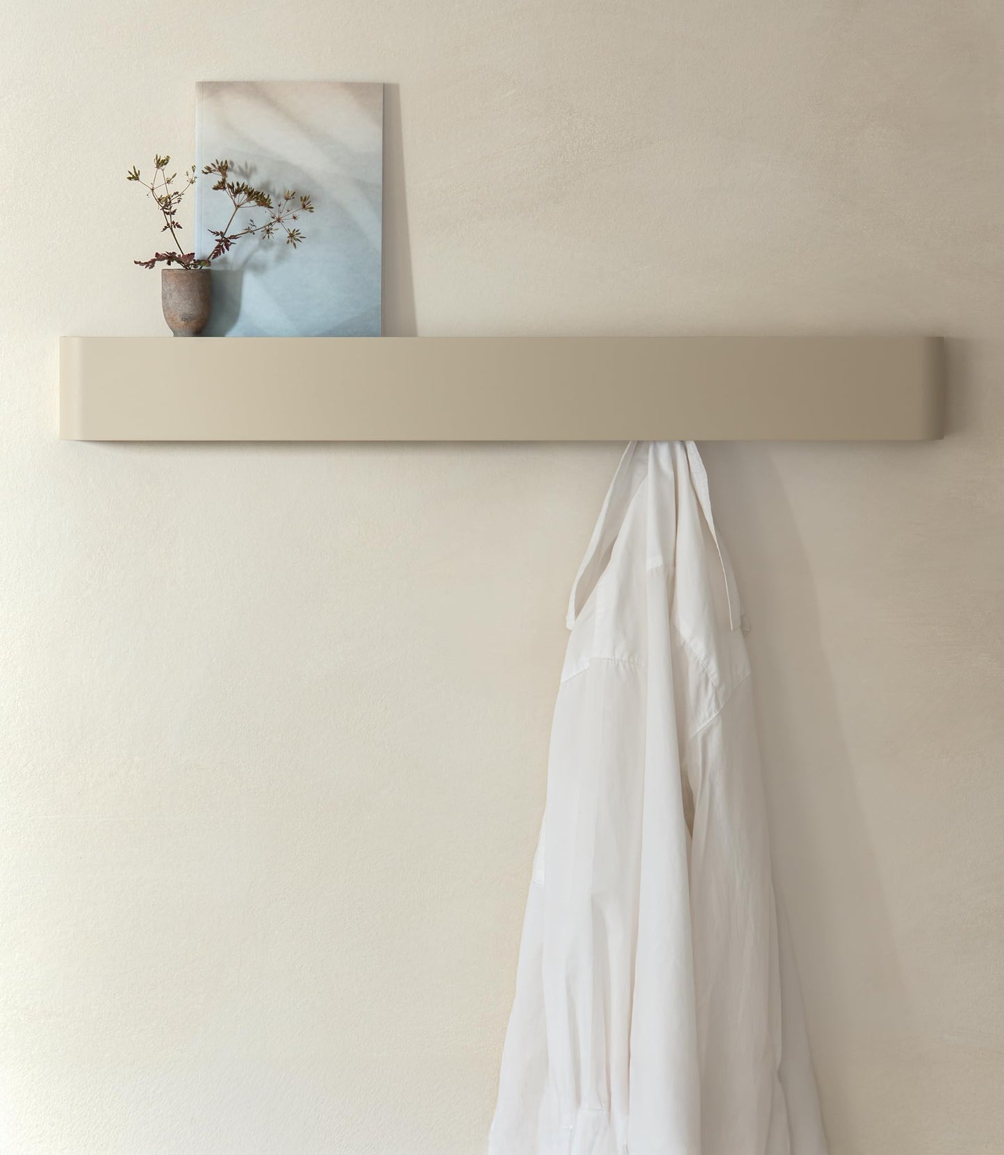 Kazai. Coat Rack Wall Mount with Shelf 'Tone' | Modern Design Coat Hanger with Hidden Hooks and Storage | Hat Rack with Shelf in Metal | Wall-Mounted Purse Organizer | Sand Taupe
