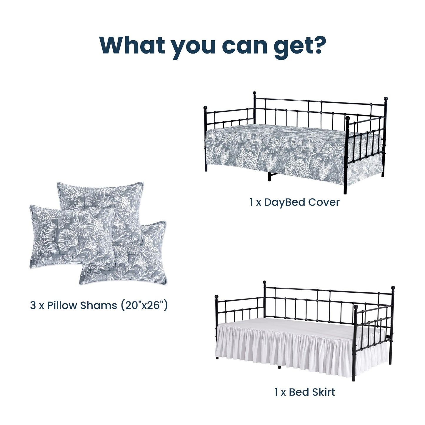 SLEEP ZONE 5 Pcs Daybed Cover Set Plant Leaves Textured Cotton Quilting Cozy All Season Cozy Dayebed Comforter Bedding Set with Bedskirt, Matching Shames, 75" × 39", Navy