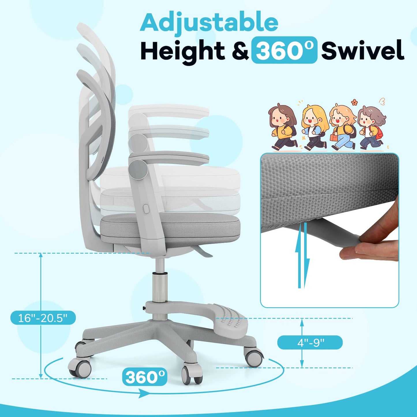 Costzon Kids Desk Chair, Student Ergonomic Computer Chair with Wheels, Footrest, Adjustable Height, Flip-up Armrests & Soft Removable Cushion, Swivel Rolling Kids Office Chair for 3-15 (Gray)