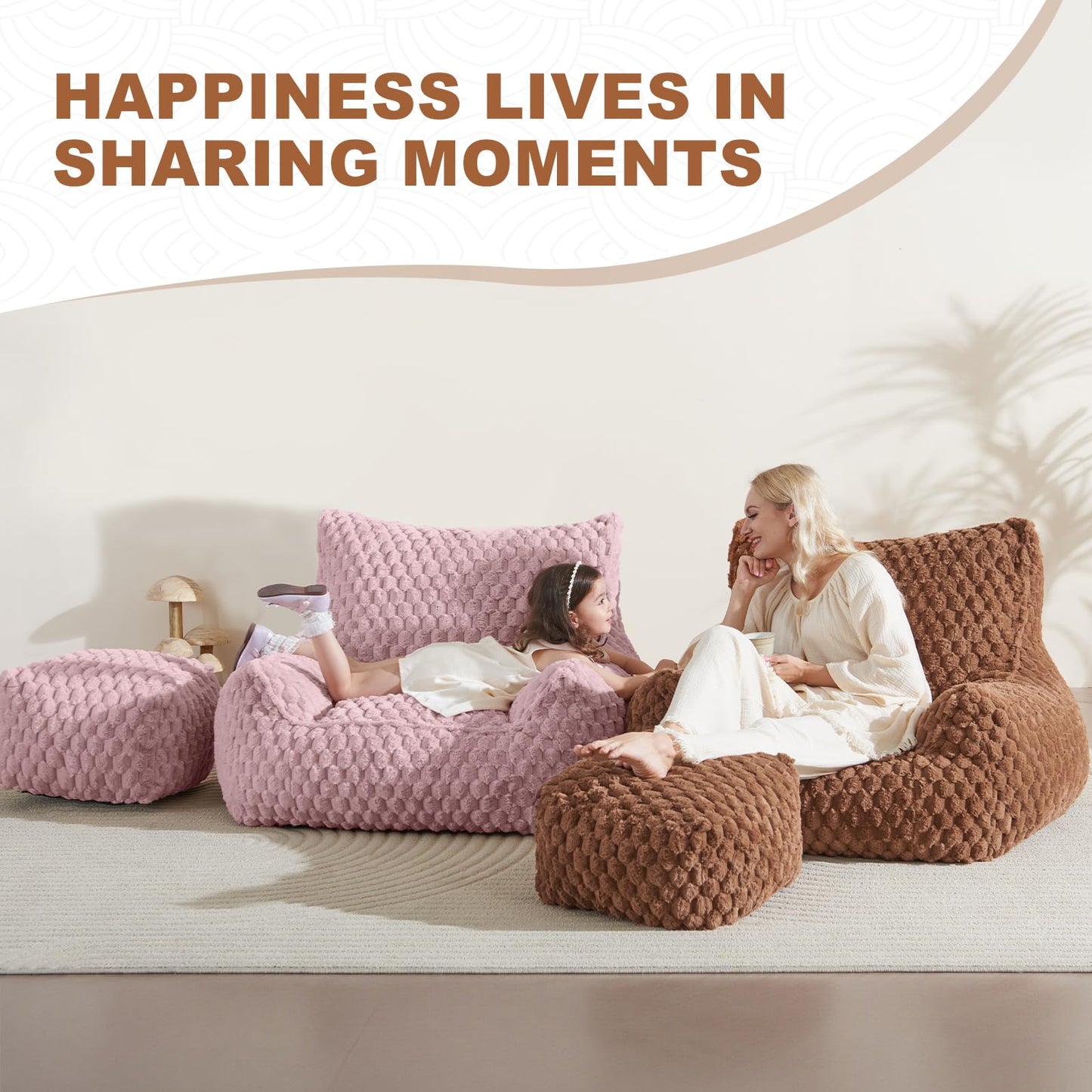 Bean Bag Chair with Ottoman - Modern Comfy Beanbag Sofa with Footrest, Soft Faux Fur Lounger Chair for Adults Teens, Cozy Memory Foam Filled Gaming Reading Chairs for Bedroom, Living Room (Dusty Pink)