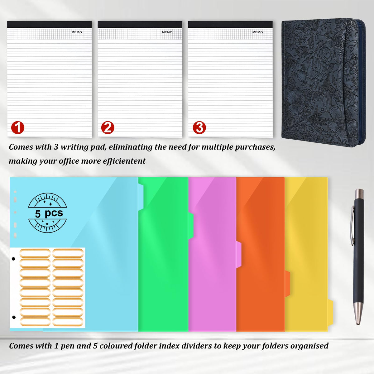 Leathario Portfolio Binder, Includes 5 Folder Index Dividers and 3 Notepads, 3-Ring Folder Organizer, Padfolio with Zipper, Vegan Leather Tablet Sleeve, Business Office Conference Clipboards