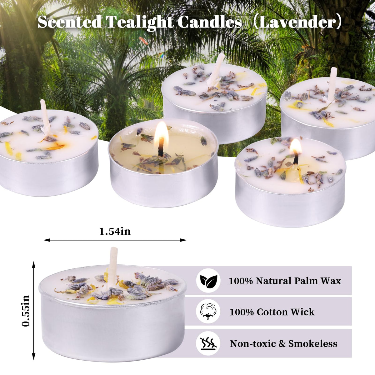 Lavender Scented Tealight Candles 16 Pack - 4-Hour Palm Wax White Tea Lights, Plant Dried Flower Scented Tea Candle (Paraffin-Free), Votive Candles for Home/Yoga/Bath/Meditation