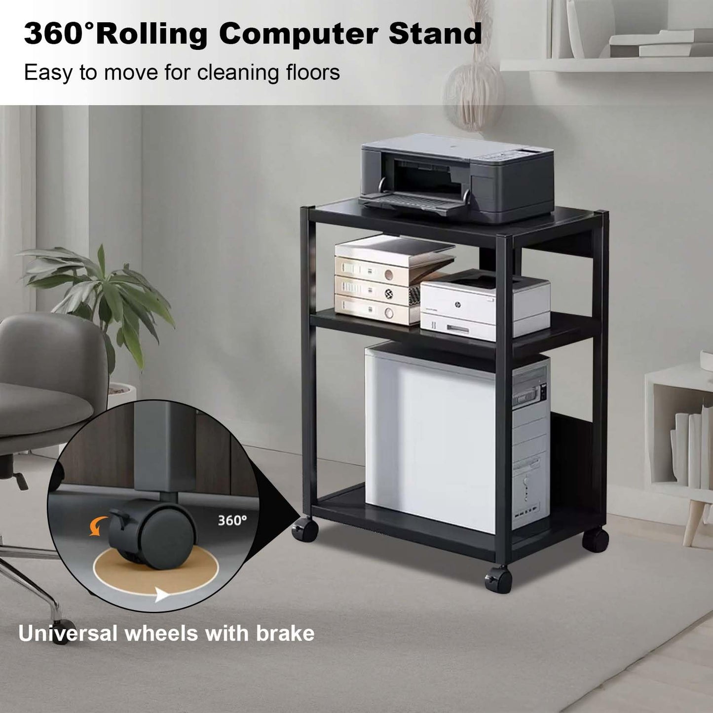 Curtainboro 3 Tier PC Tower Stand, Height Adjustable Computer Tower Floor Stand with Wheels, Metal Computer Cart CPU Holder for Office Home Classroom
