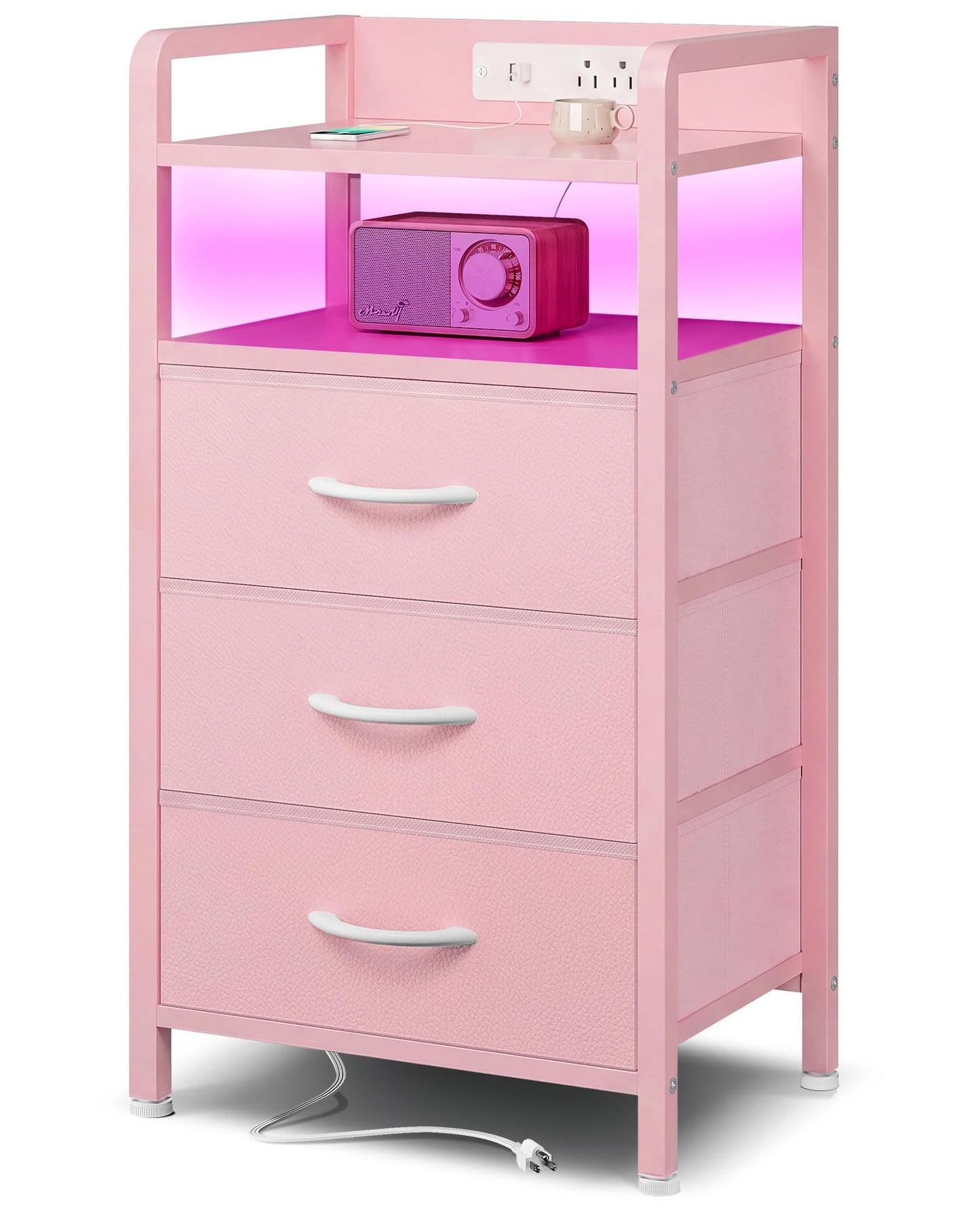 Lazzanto Night Stand Bedside Charger Bedroom - Nightstand with Charging Station & LED Light Strip, Night Stand with Storage Shelf & 3 Fabric Drawers, Morden End Table with USB Ports&AC Outlets,Pink