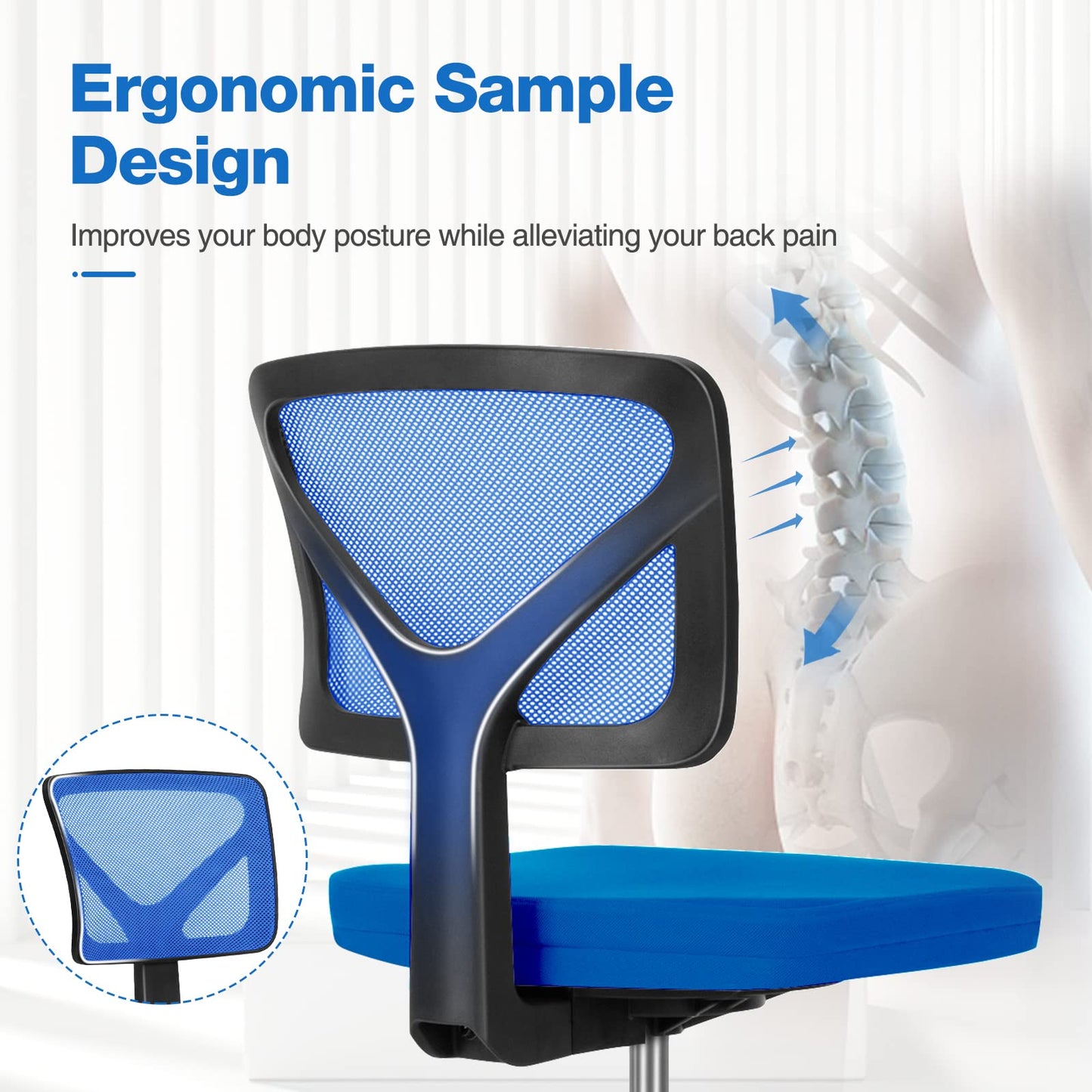 Sweetcrispy Office Chair, Ergonomic Low-Back Mesh Rolling Work Swivel Chairs with Wheels, Armless Comfortable Seat Lumbar Support for Home, Bedroom, Study, Student, Adults,Classic Blue