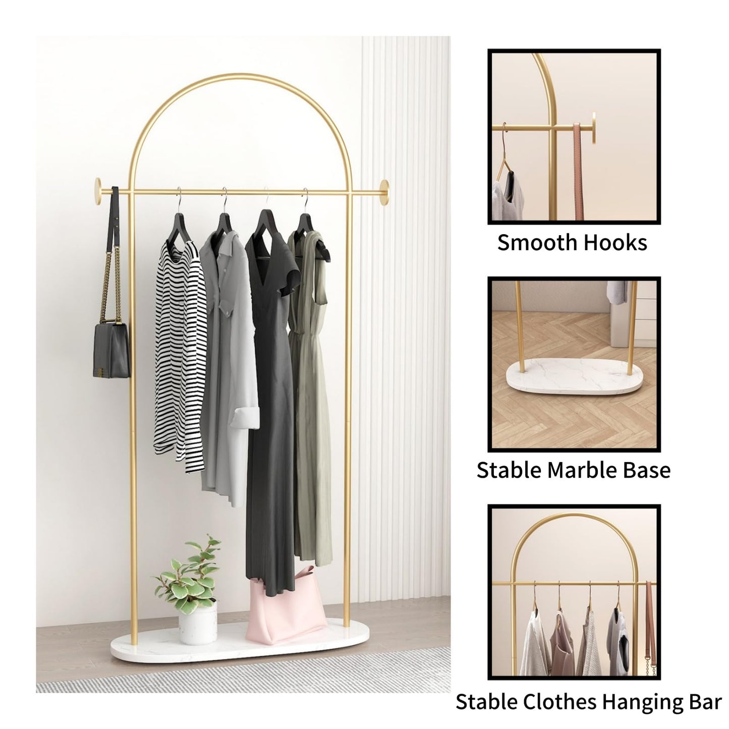 IronJiaZu Modern Gold Coat Racks with Marble Base, Gold Clothing Racks with Shelves, Heavy Duty Clothes Rack Stand for Entryway, Bedroom, Living Room, Boutiques