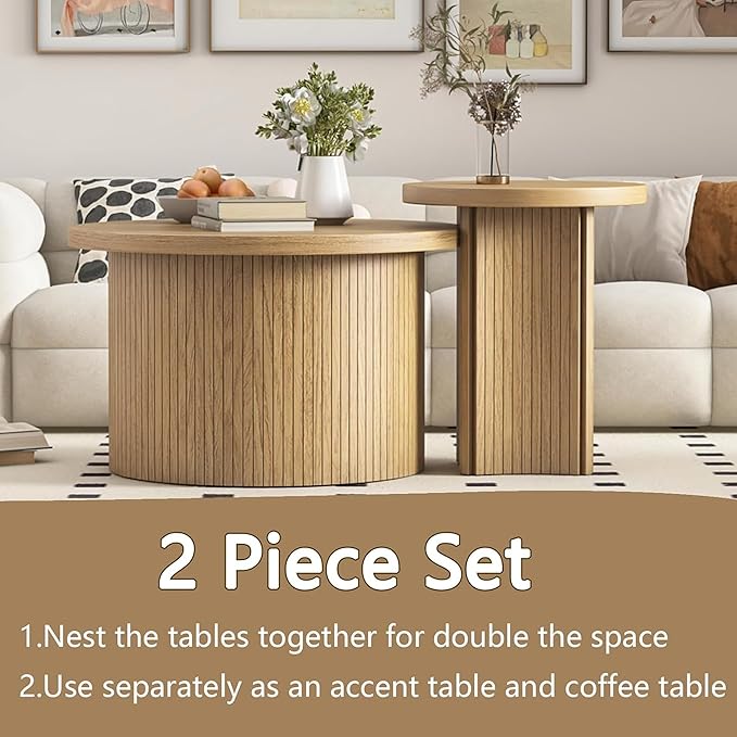 Mxtxmy Set of 2 Nesting Coffee Tables Farmhouse, Round Coffee Table Living Room