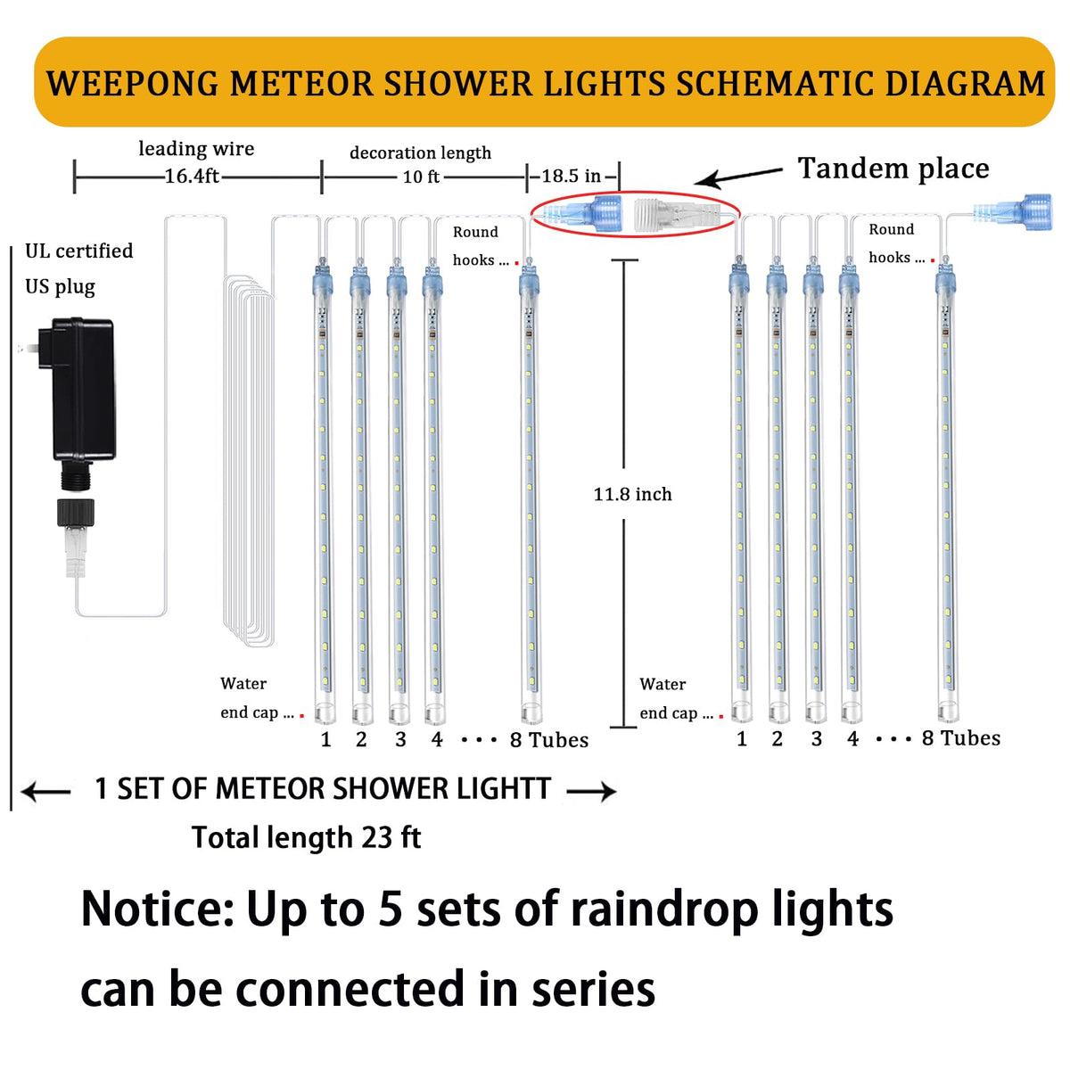 Weepong Christmas Lights Outdoor UL Certified Meteor Shower Lights 12 Inch 8 Tubes 192 LED Falling Rain Drop Icicle Snow Cascading Light for Xmas Tree Wedding Party Garden Decoration, White