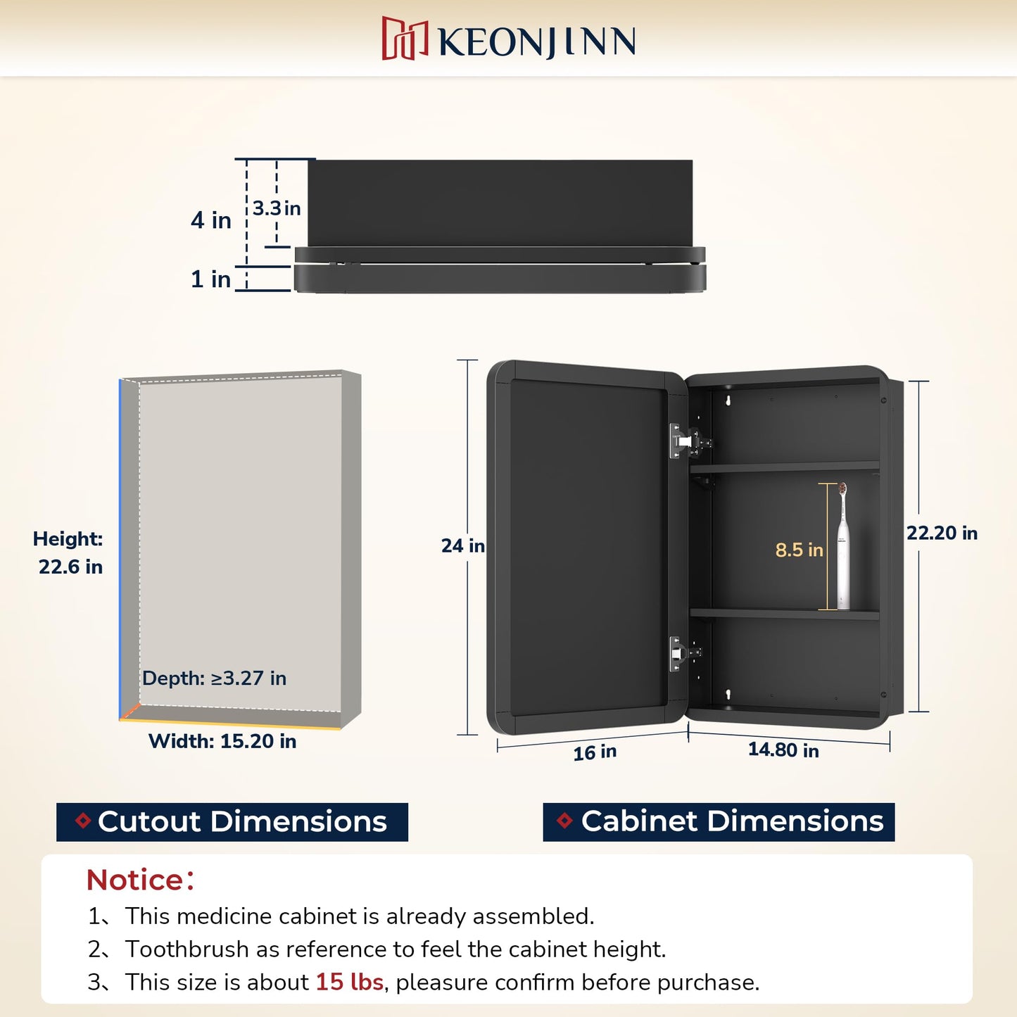 Keonjinn Chrome Medicine Cabinet Mirror 16 x 24 Inch, Recessed Medicine Cabinet for Bathroom, Elegant Stainless Steel Framed, Stepless Adjustable Shelves, in Wall or Surface Mount, Soft Closing