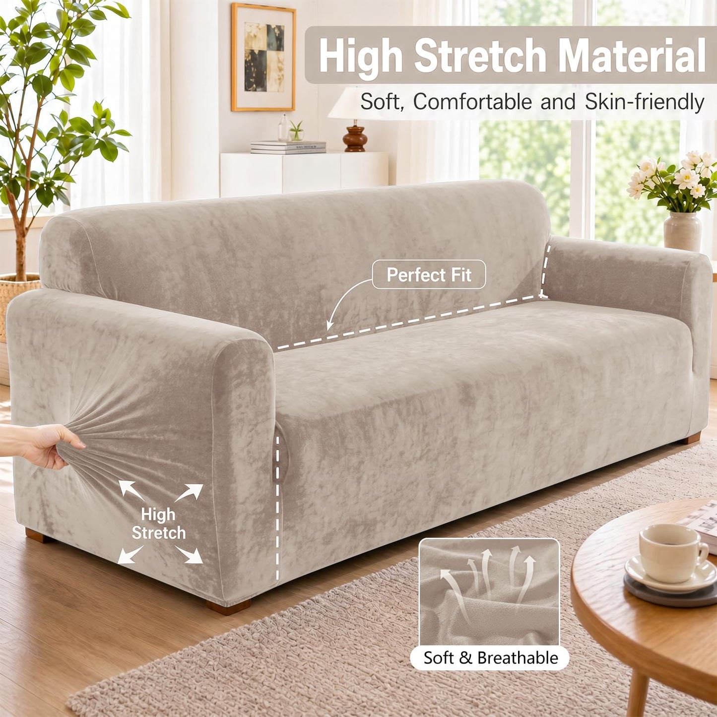 YEMYHOM Real Velvet Couch Covers for 2 Cushion Couch High Stretch 1 Piece Loveseat Slipcover for Pets Dogs Anti Slip Love Seat Sofa Slipcover Furniture Protector (55"-69", Khaki)