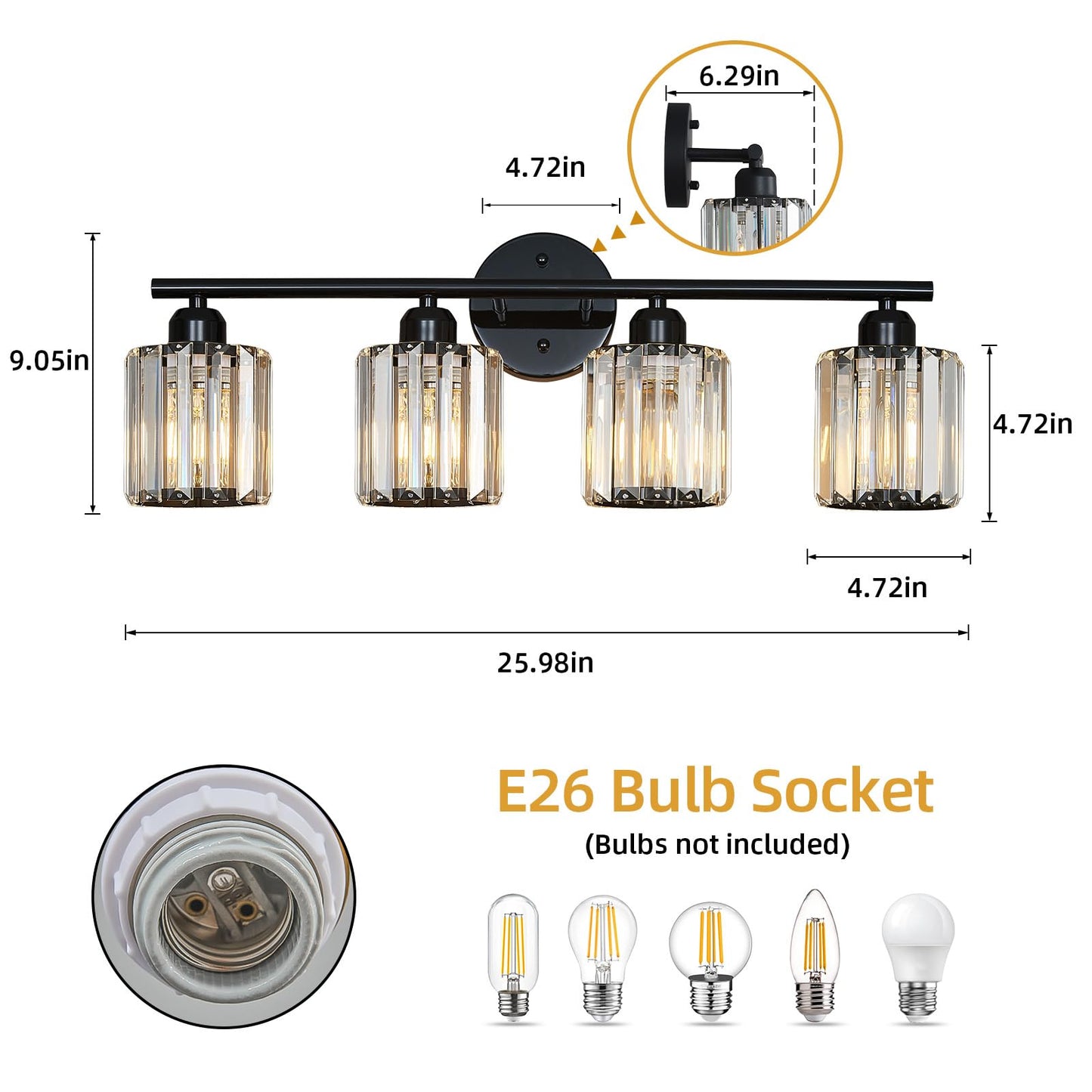 FDPBY Modern 4 Light Crystal Vanity Light, Plating Black Vertical Bathroom Light Fixture Over Mirror for Dressing Table Sink, Compatible with Dimmable Bulbs (Bulbs Not Included)
